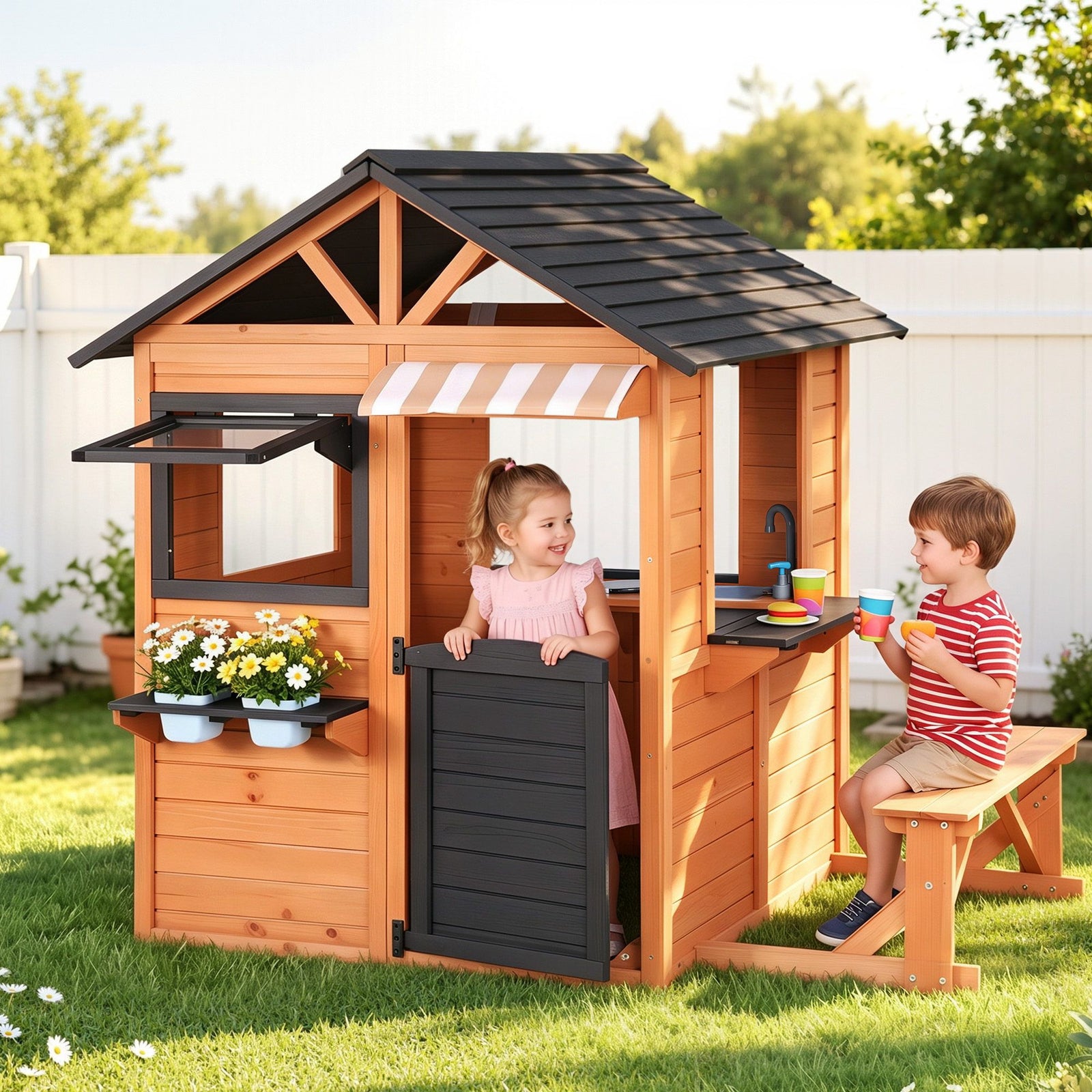 Keezi Kids Pretend Kitchen Wooden Cubby House Outdoor Playhouse Side Bench