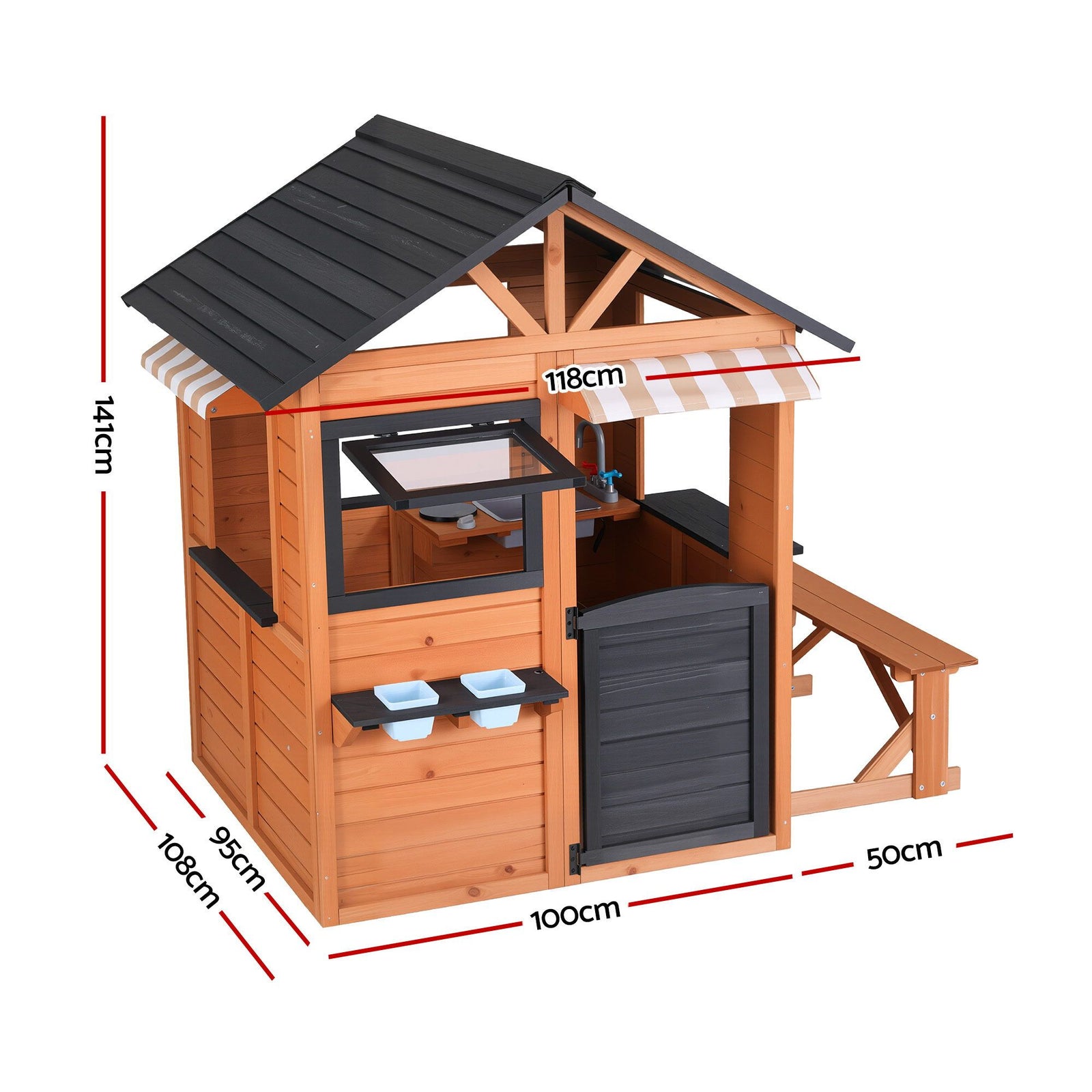 Keezi Kids Pretend Kitchen Wooden Cubby House Outdoor Playhouse Side Bench