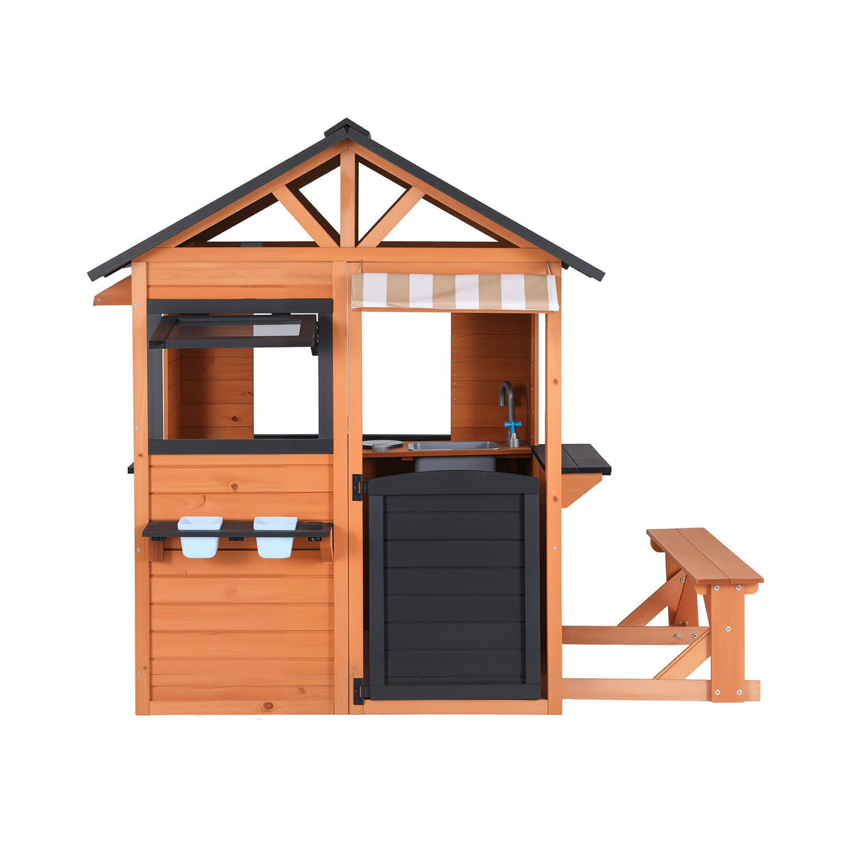 Keezi Kids Pretend Kitchen Wooden Cubby House Outdoor Playhouse Side Bench