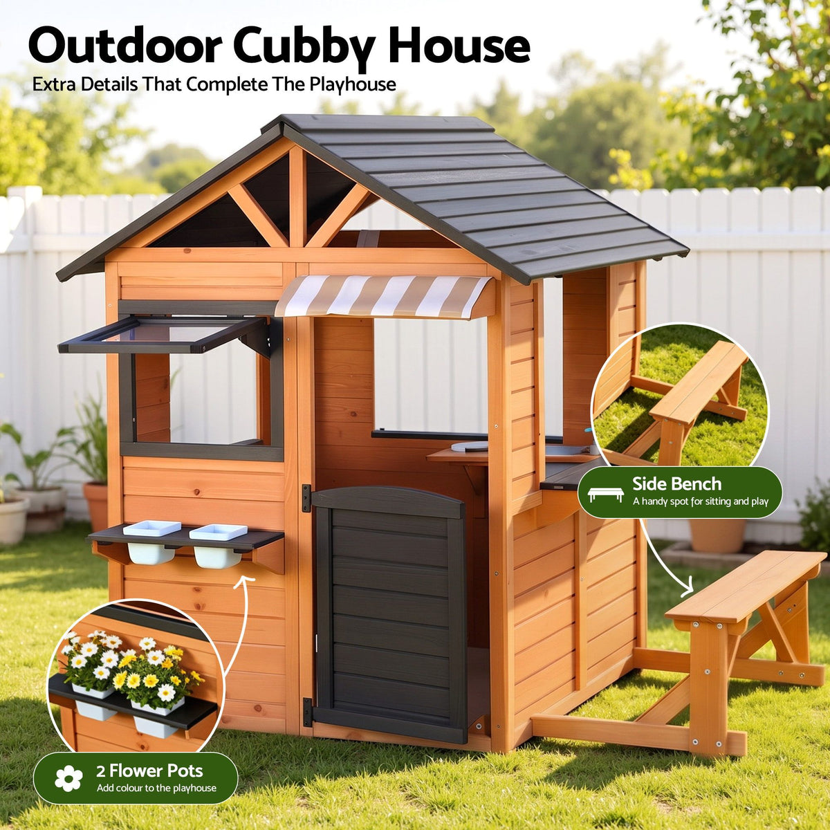 Keezi Kids Pretend Kitchen Wooden Cubby House Outdoor Playhouse Side Bench