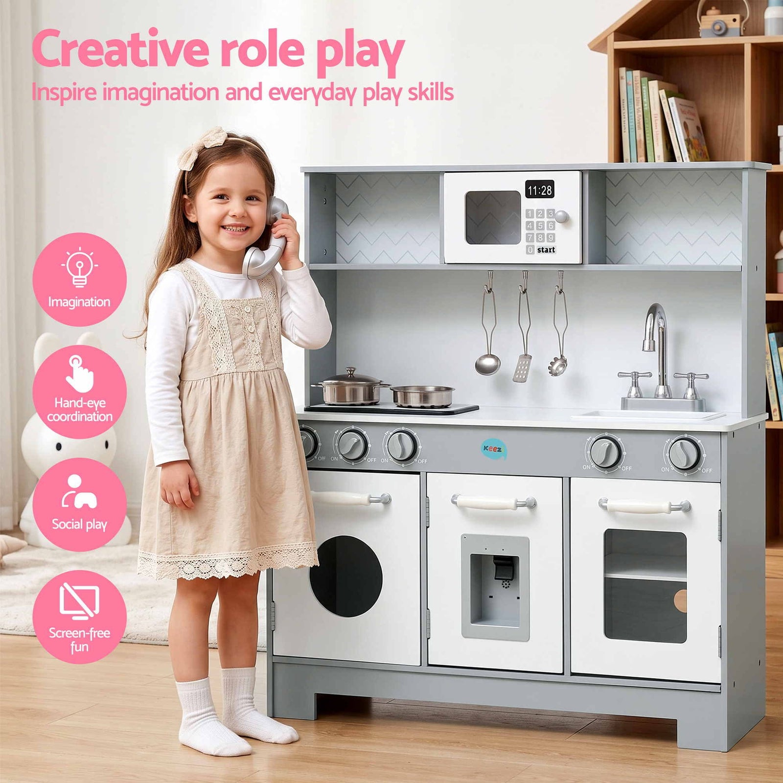 Keezi Wooden Play Kitchen Pretend Kitchen 82cm Kids Toy Food Set Grey