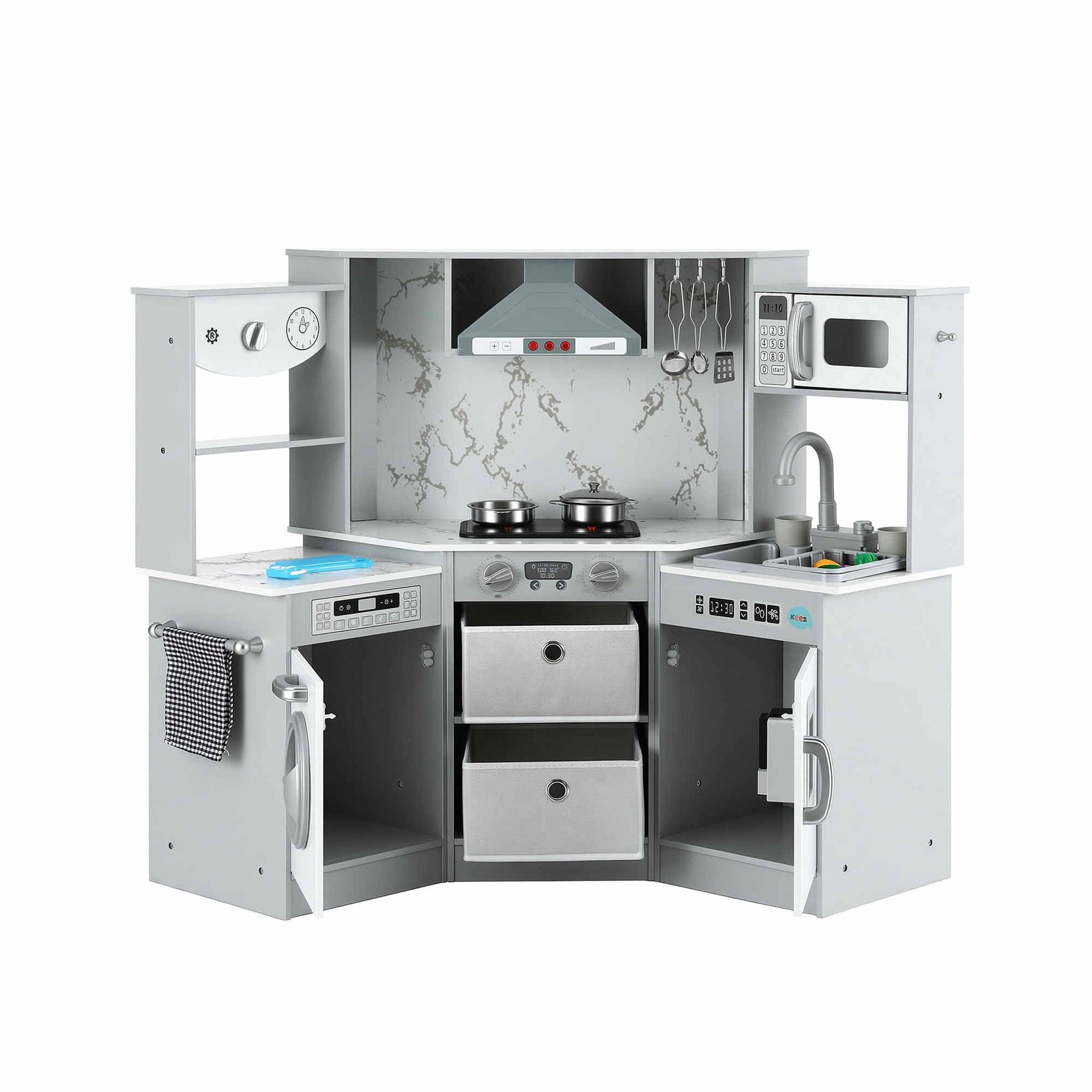 Keezi 112cm Wooden Pretend Kitchen Playset Kids Toy Sink Stove Grey