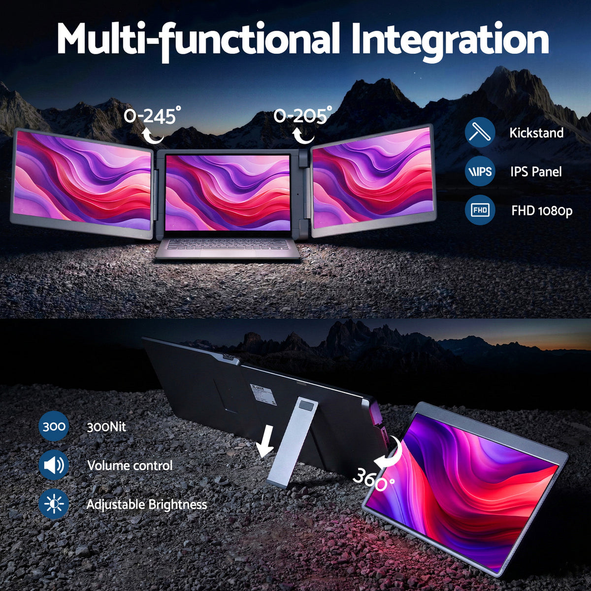 Devanti Triple Portable Monitor Laptop Screen Extender 15.6" Dual Display FHD IPS