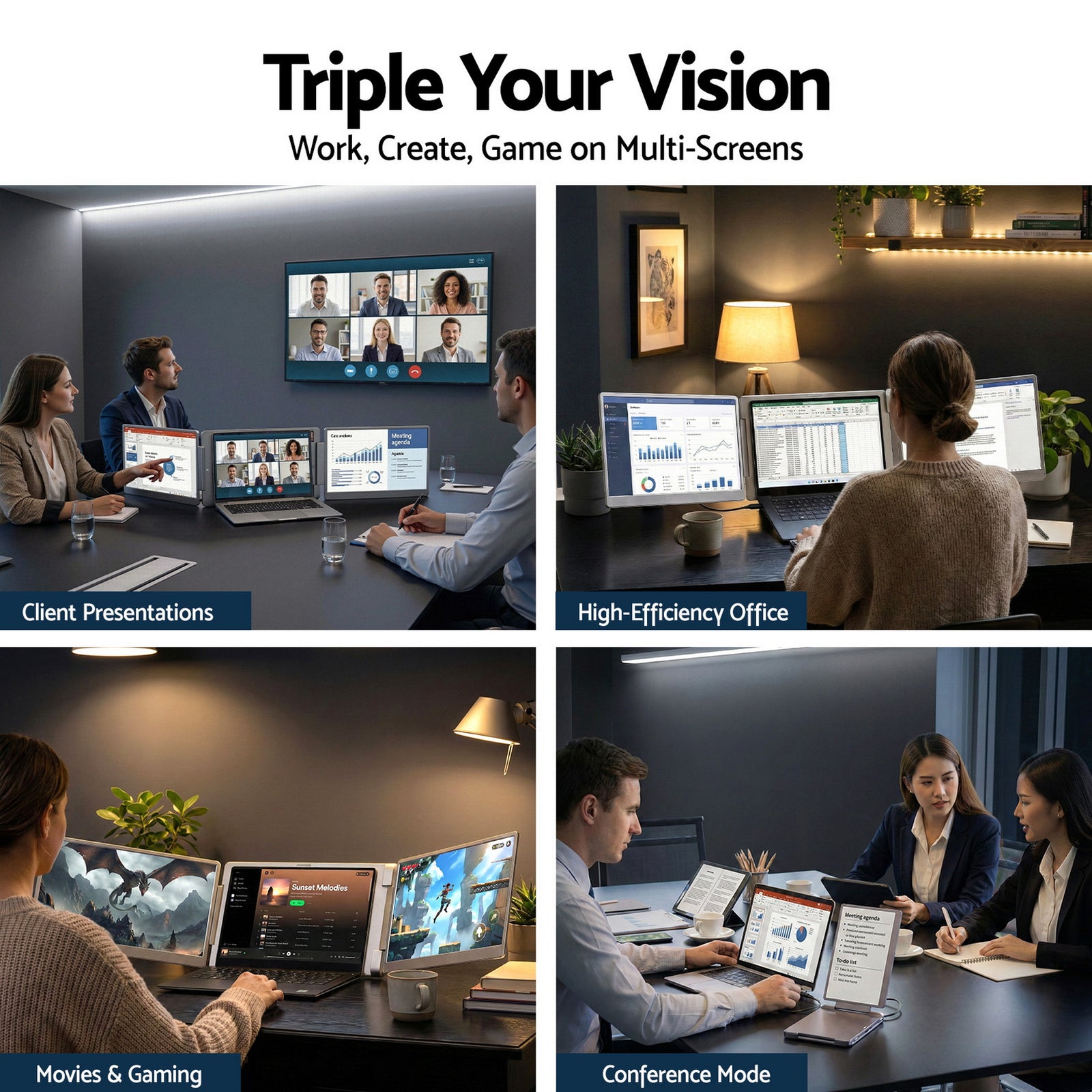 Devanti Triple Portable Monitor Laptop Screen Extender 15.6" Dual Display FHD IPS