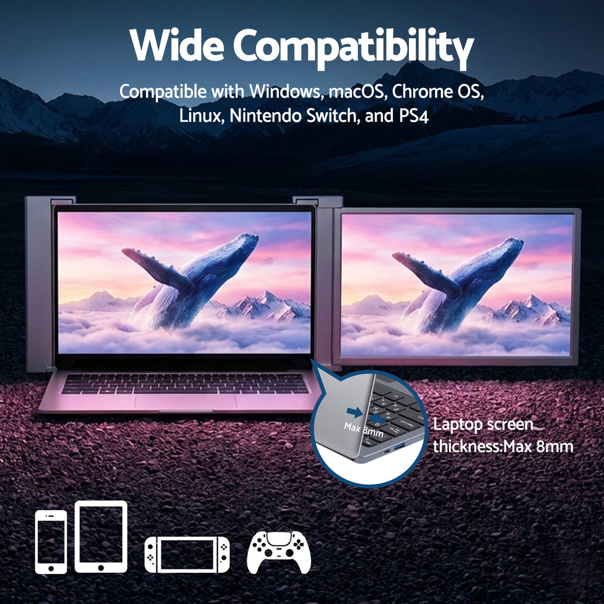 Devanti Portable Monitor Laptop Screen Extender Dual Display 1080P IPS USB C