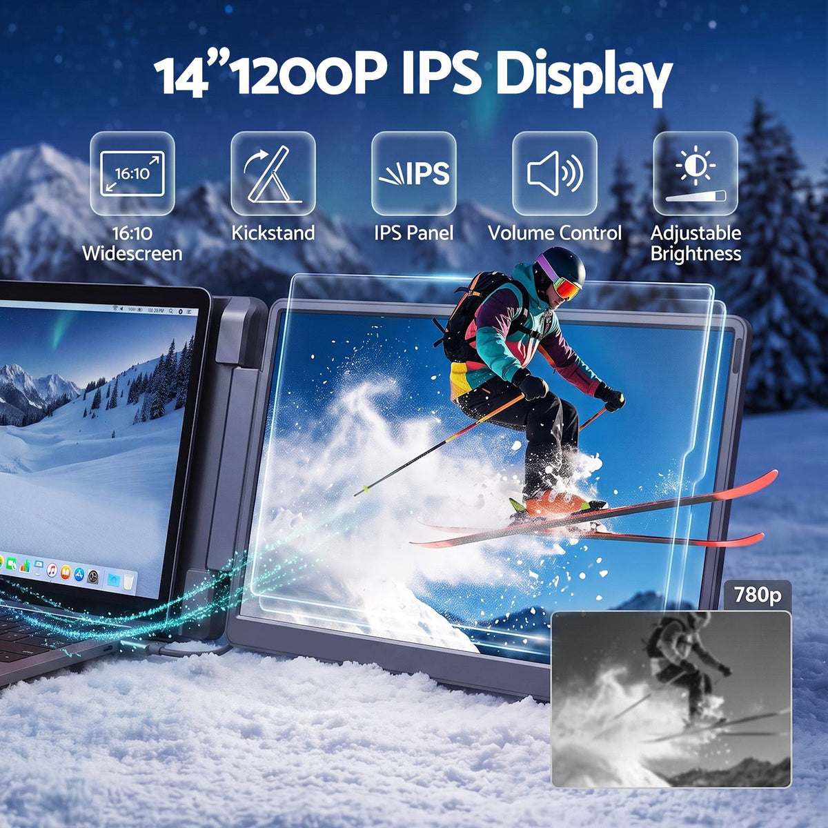 Devanti 14 Inch Portable Monitor Laptop Screen Extender Triple Display