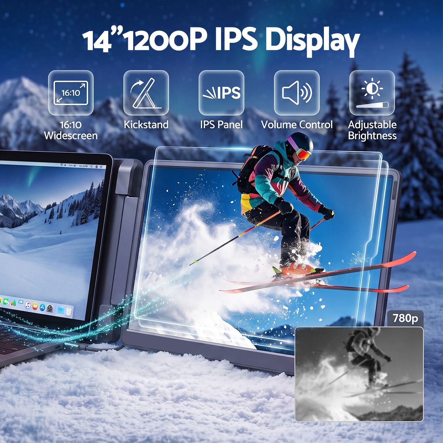 Devanti 14 Inch Portable Monitor Laptop Screen Extender Triple Display