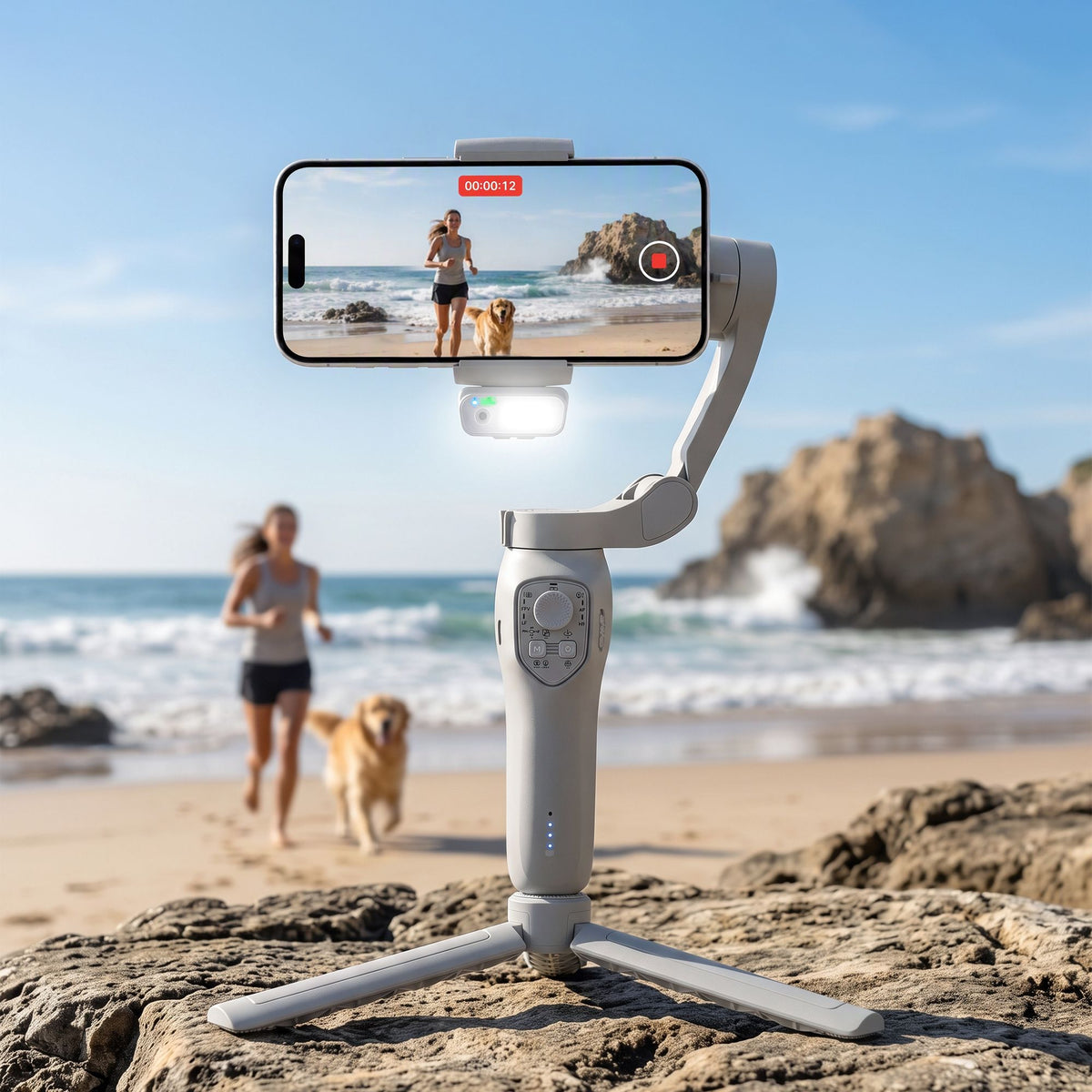 Devanti 3-Axis Handheld Gimbal Stabilizer for Smartphone &amp; Tripod AI Tracking Fill Light