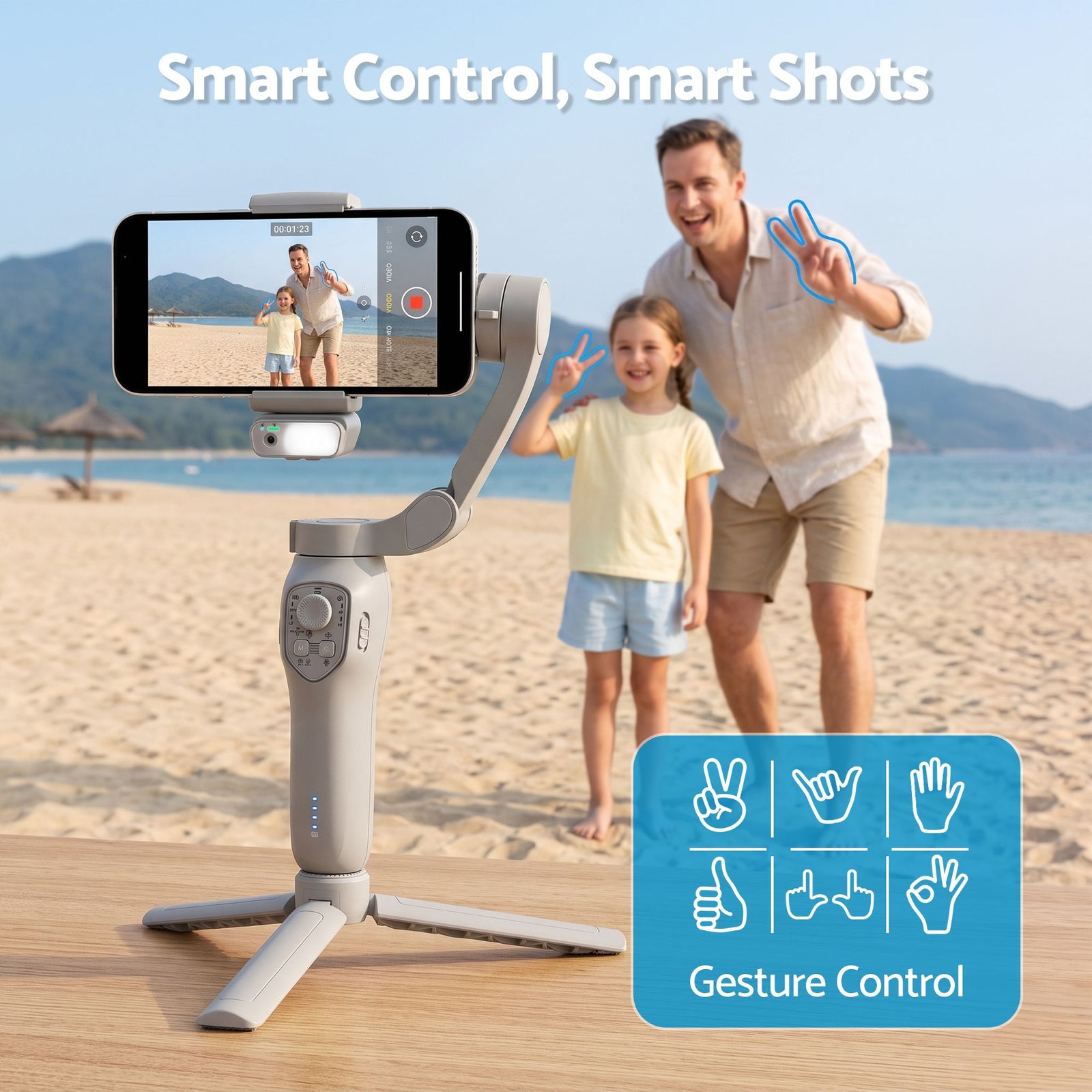 Devanti 3-Axis Handheld Gimbal Stabilizer for Smartphone & Tripod AI Tracking Fill Light