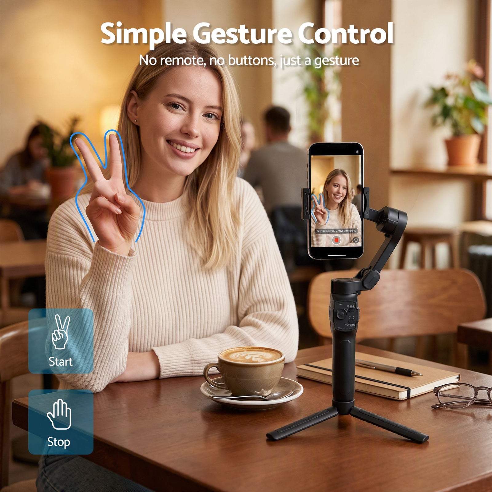 Devanti 3-Axis Gimbal Stabilizer with Tripod for Smartphone, Foldable Selfie Stick