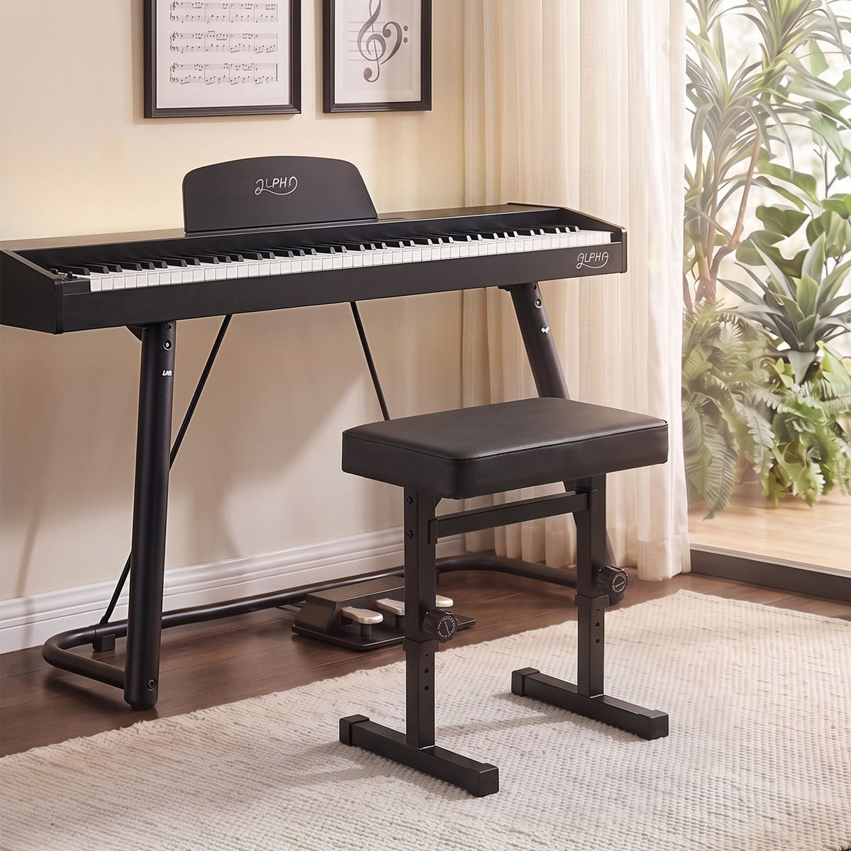 Alpha Piano Bench Adjustable Seat Heavy Duty H-Shape Piano Stool Black