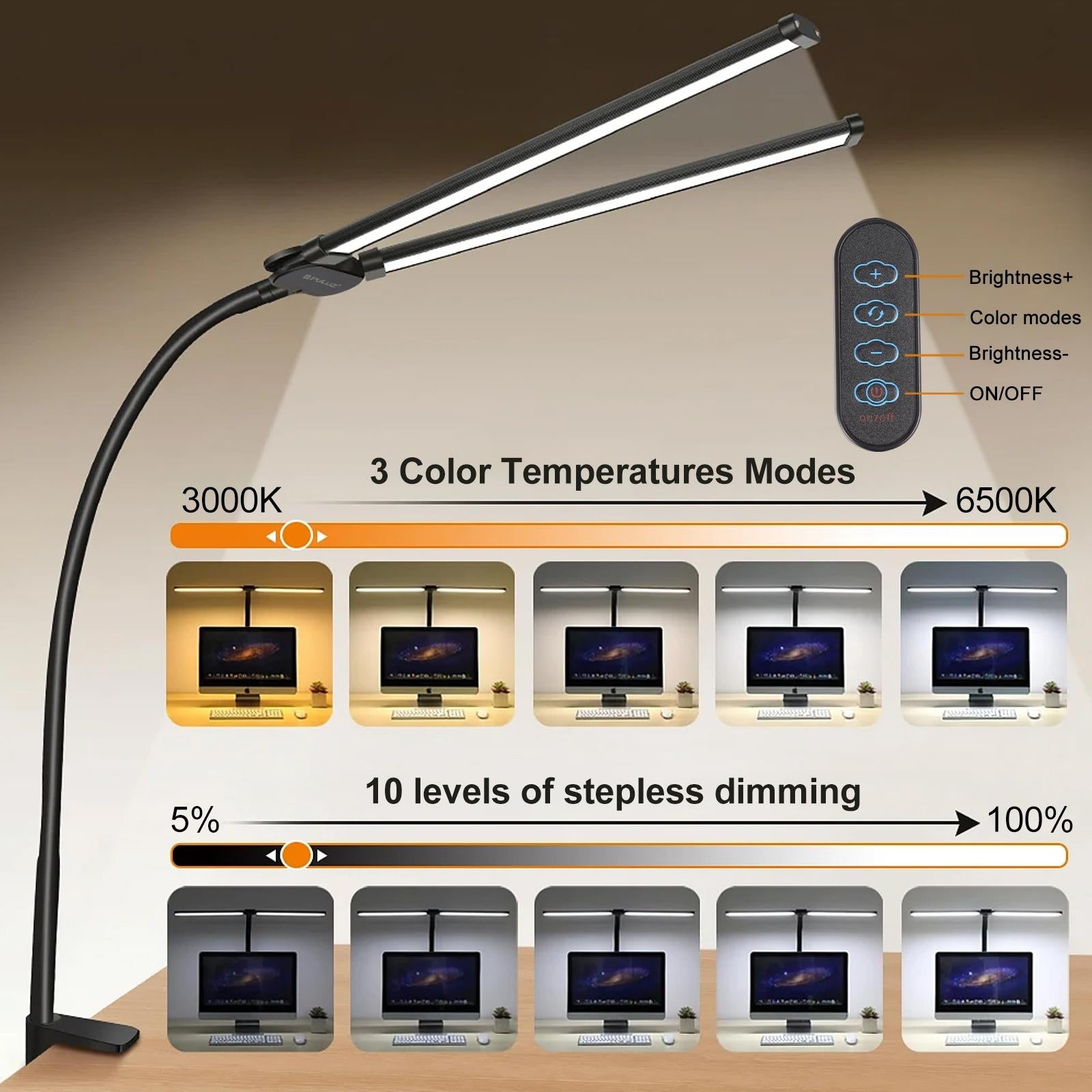 Double Head Clip Desk Lamp With Gooseneck Tube Led In Black-1915196496249229312