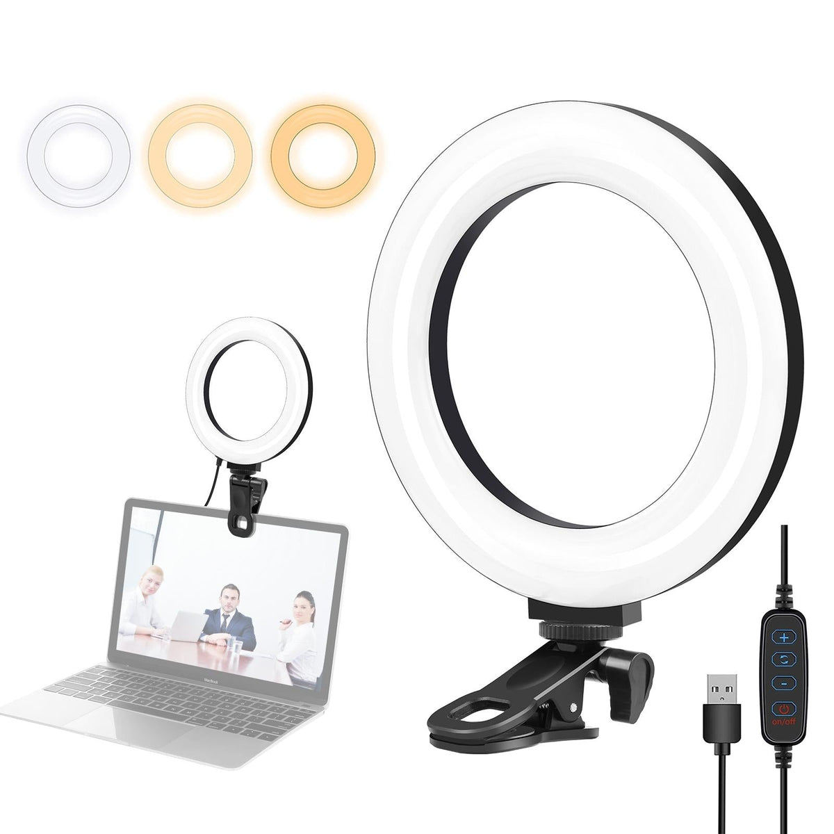 6.2 Dual-Colour Ring Light With Usb 3 Modes Monitor Clip - Black-1915196491669049344