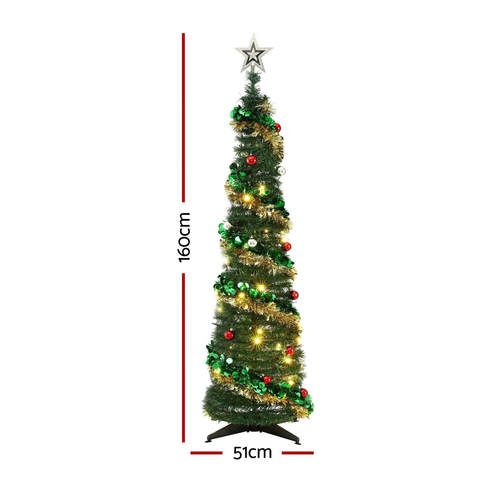 Jingle Jollys Pop Up Christmas Tree Pre Decorated Warm White LED 160cm