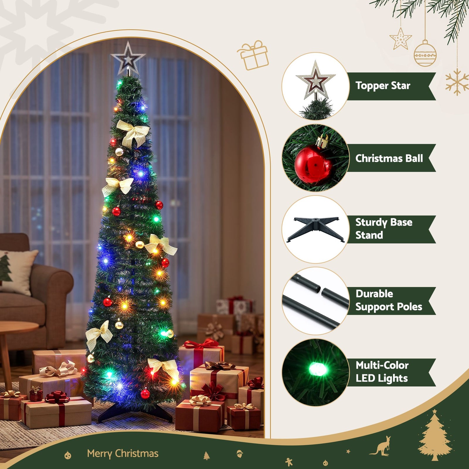 Jingle Jollys Pop Up Christmas Tree Pre Decorated Multicolour LED 155cm
