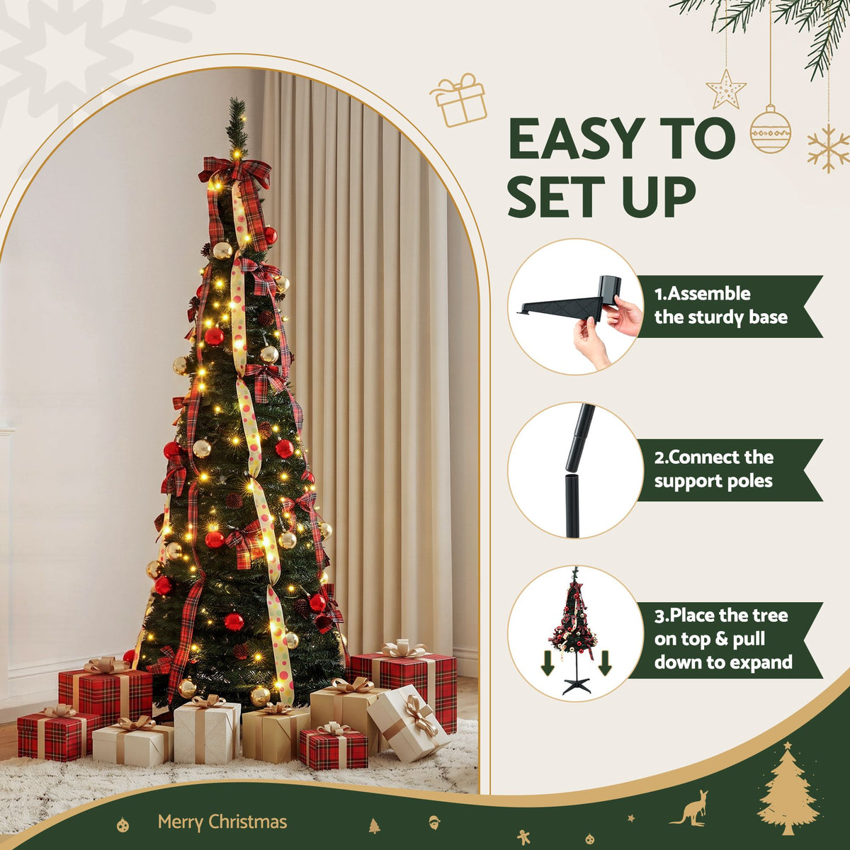 Jingle Jollys Pop Up Christmas Tree Pre Decorated Artificial Christmas Tree 197cm