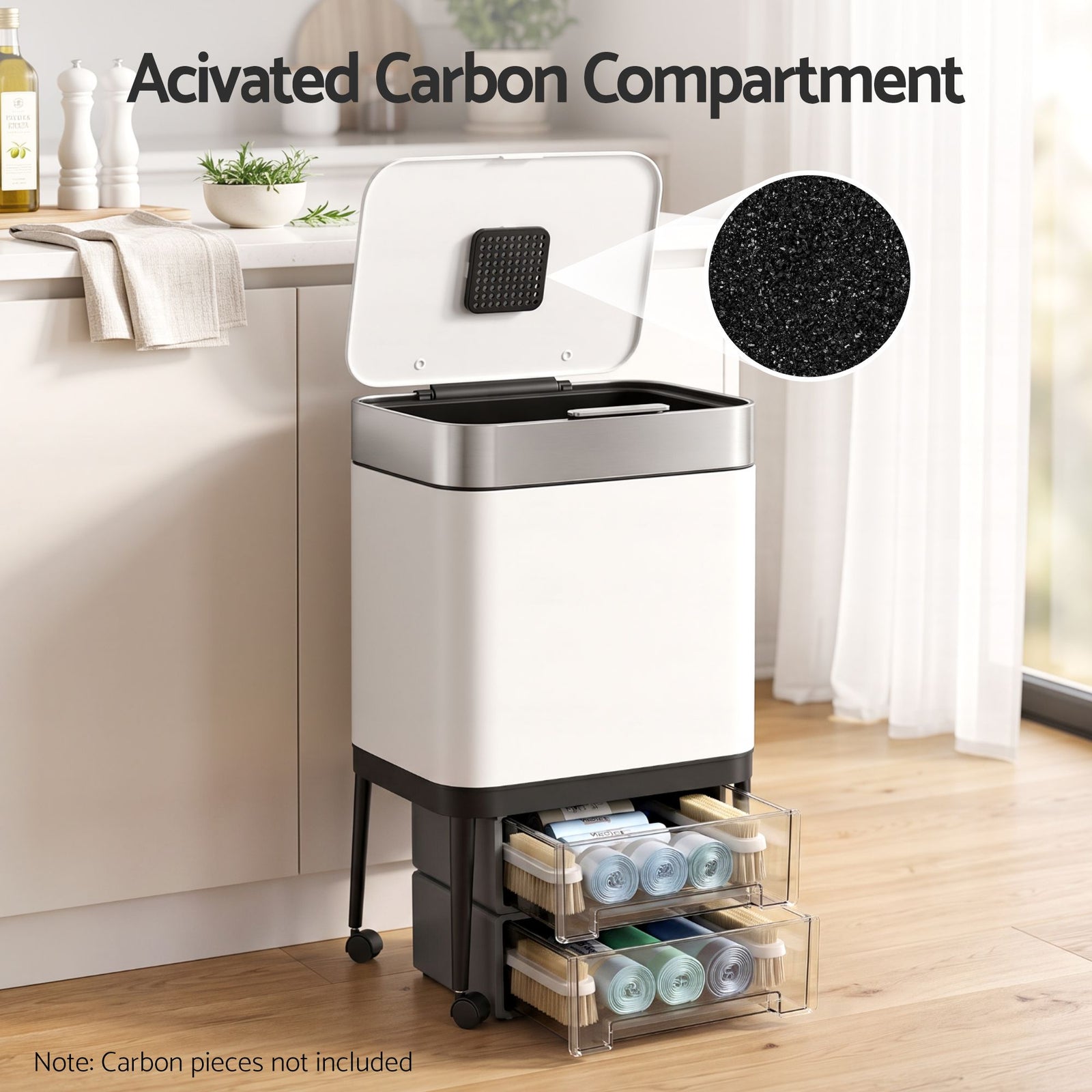 Cefito 40L Press Top Trash Can Kitchen Rubbish Bin Moblie Stainless Steel White