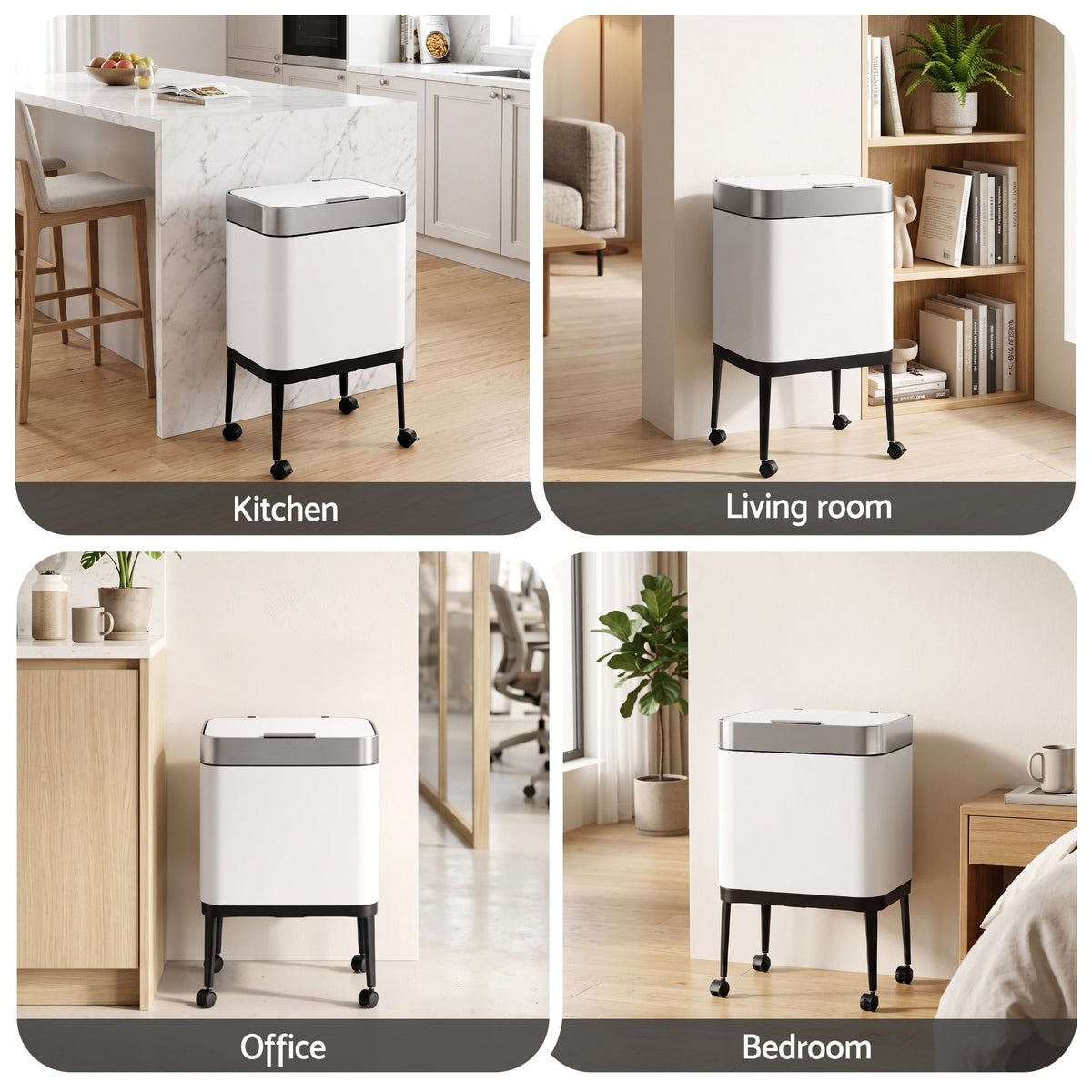Cefito 40L Press Top Trash Can Kitchen Rubbish Bin Moblie Stainless Steel White