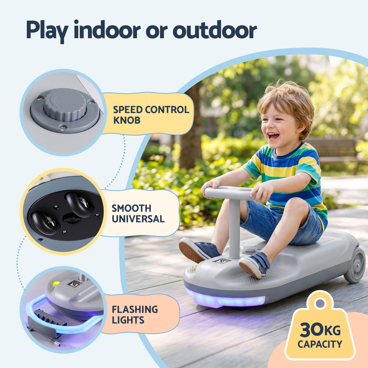 Rigo Ride on Car with Mop Storage Space Kids Clean Car 12V 86cm Grey