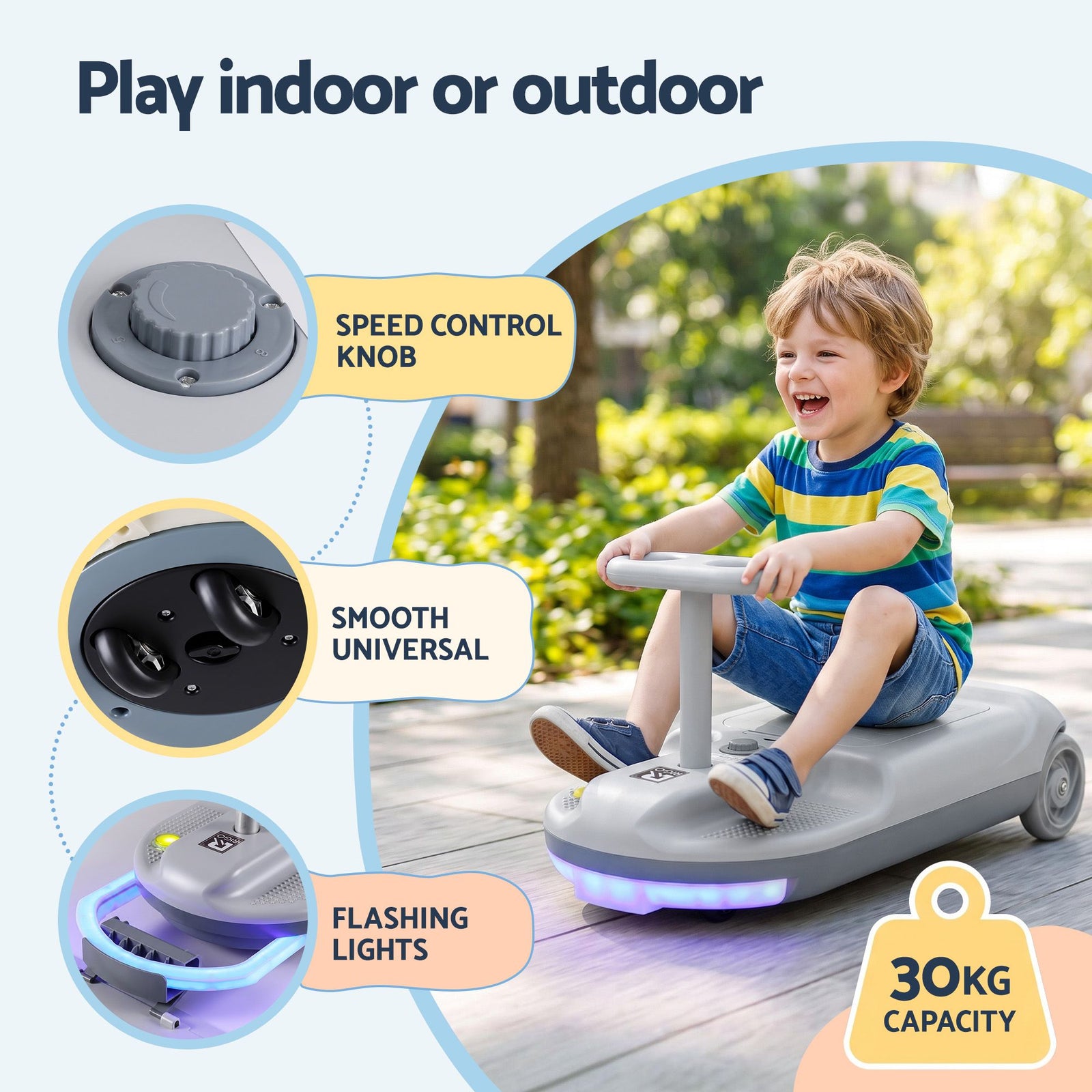 Rigo Ride on Car with Mop Storage Space Kids Clean Car 12V 86cm Grey