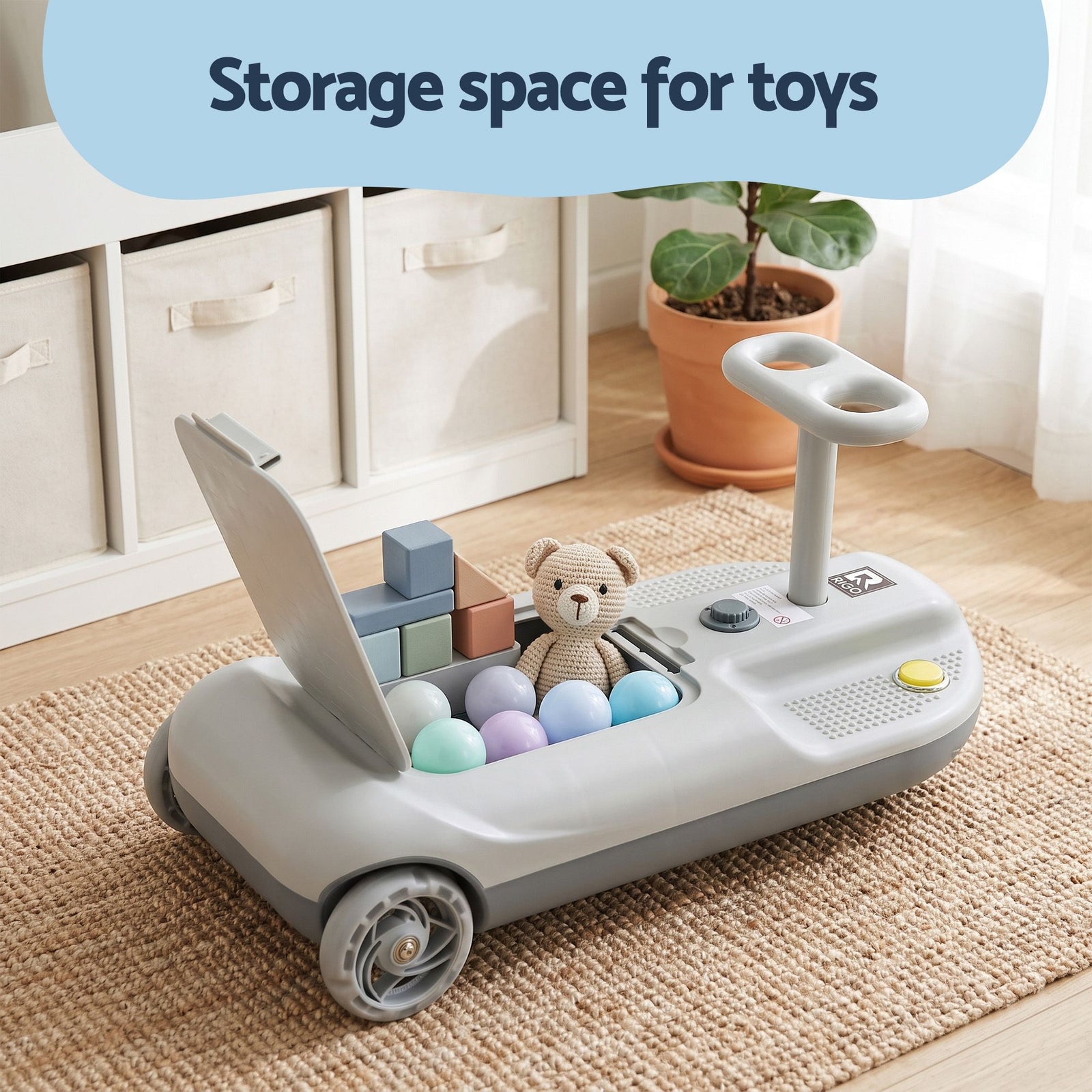 Rigo Ride on Car with Mop Storage Space Kids Clean Car 12V 86cm Grey