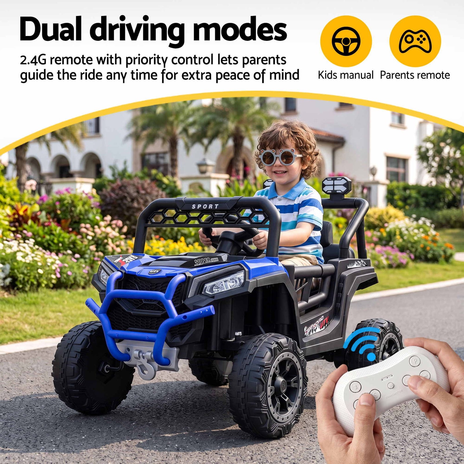 Rigo Ride On Car Kids Jeep 12V Kids Electric Car Remote Control Blue