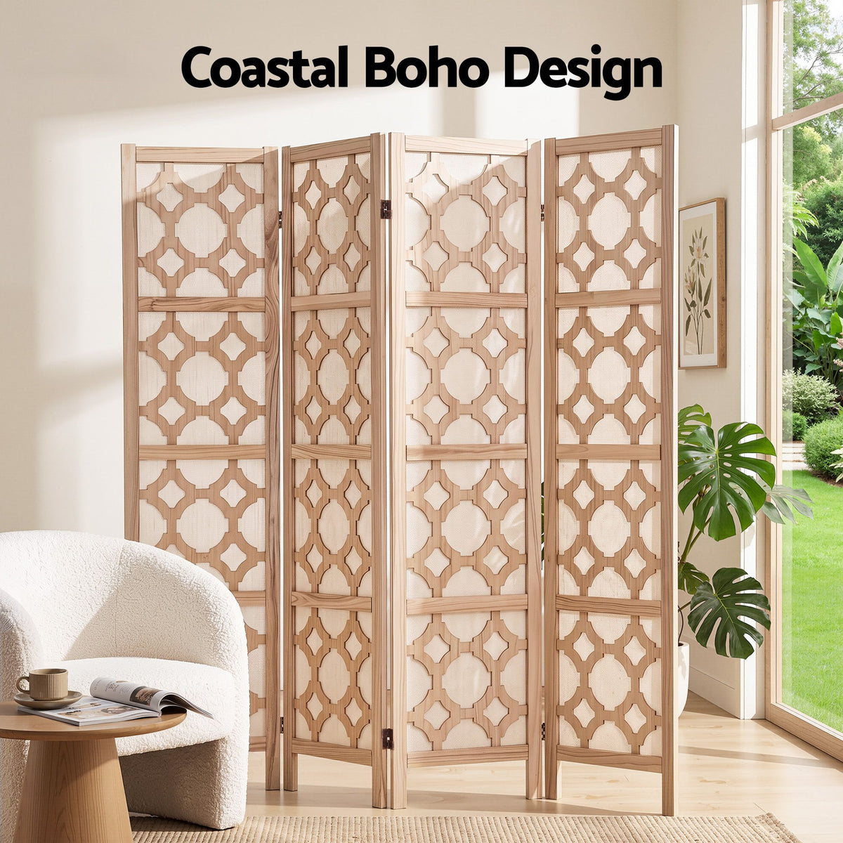 Artiss 4 Panel Room Divider Folding Privacy Screen Wooden Partition Geometric Freestanding Separator Natural 170cm
