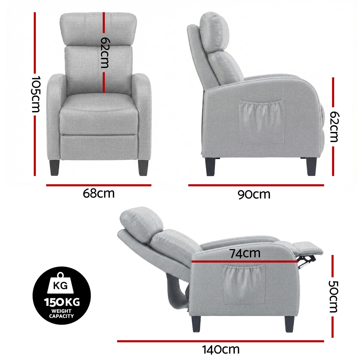 Artiss Massage Recliner Chair Small Recliner Sofa for Adults Fabric Grey