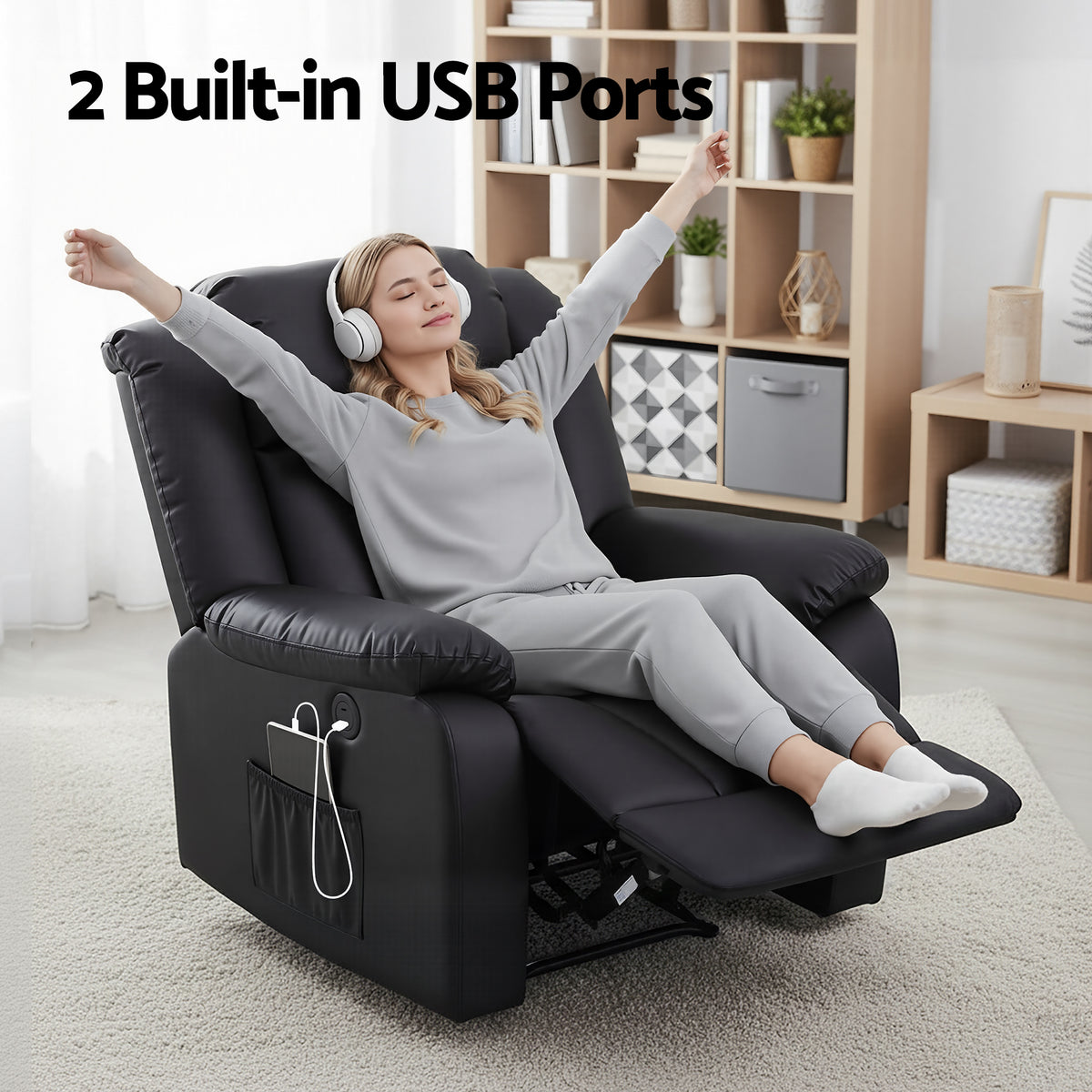 Artiss Manual Massage Recliner Chair for Living Room, Leather Sofa Lounge Reclining Chair with 2 USB Port, 160° Recline Reading Chair with 20CM Wide Armrests, 8 Point Vibration & Lumbar Heat, Black