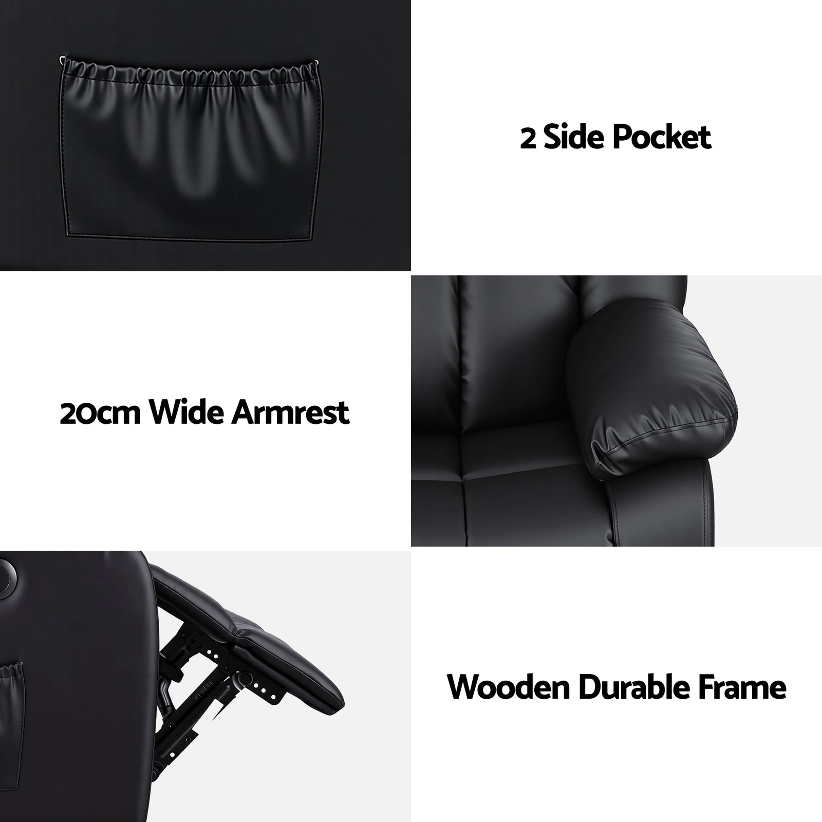 Artiss Manual Massage Recliner Chair for Living Room, Leather Sofa Lounge Reclining Chair with 2 USB Port, 160° Recline Reading Chair with 20CM Wide Armrests, 8 Point Vibration & Lumbar Heat, Black