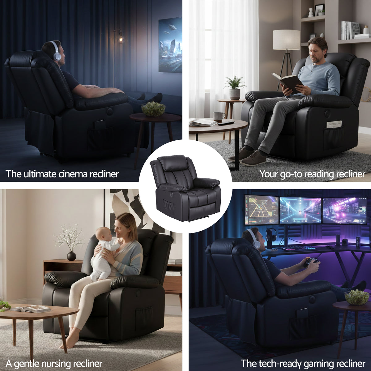 Artiss Manual Massage Recliner Chair for Living Room, Leather Sofa Lounge Reclining Chair with 2 USB Port, 160° Recline Reading Chair with 20CM Wide Armrests, 8 Point Vibration & Lumbar Heat, Black