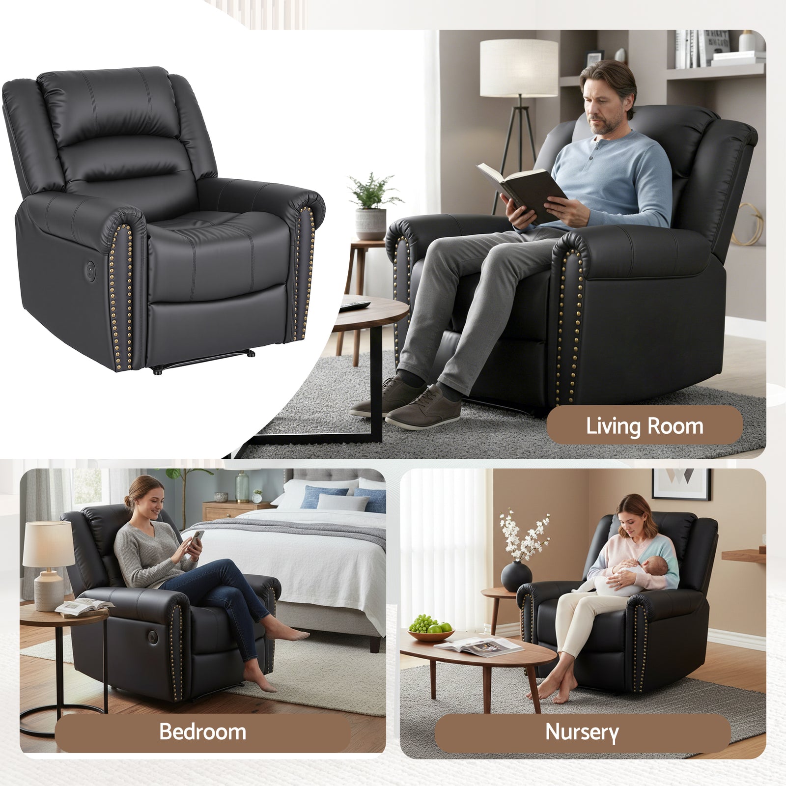 Artiss Leather Manual Recliner Chair with USB Charge Port, Overstuffed Armchair Sofa for Living Room and Nursery, Asjustable Theater Reclining Lounge with Comfortable Wide Seat, 150kg Capacity, Black