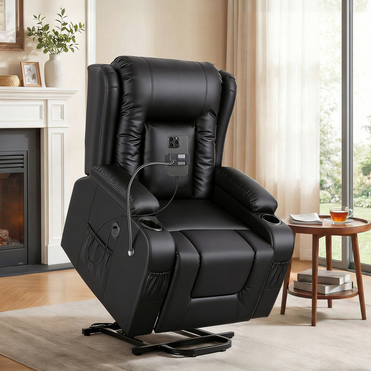 Artiss Power Lift Recliner Chair with Massage and Heat for Elderly, Electric Sofa Reclining Chair with USB and Phone Holder, PU Leather Comfy Armchair for Living Room, 2 Cup Holder &amp; 4 Pockets, Black