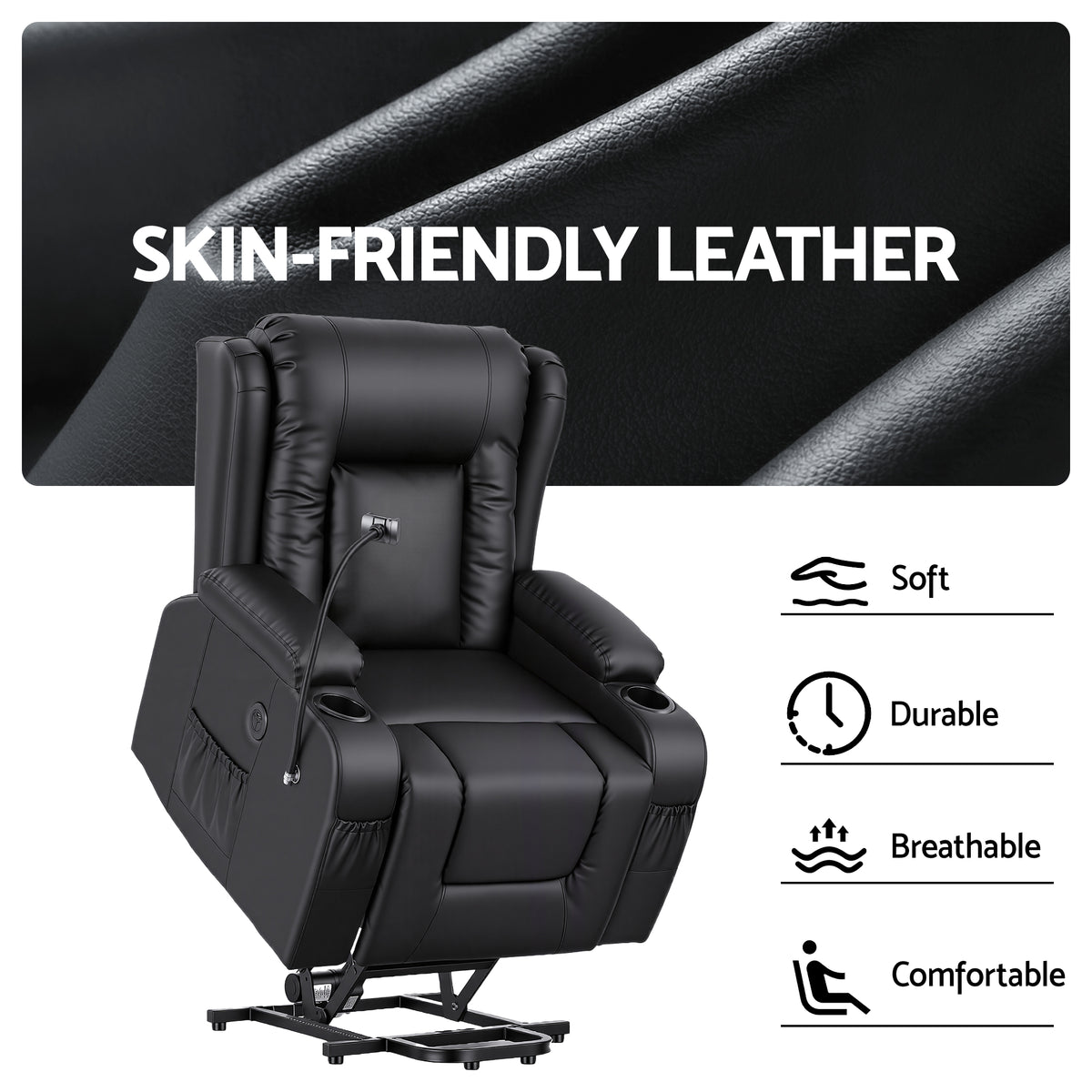 Artiss Power Lift Recliner Chair with Massage and Heat for Elderly, Electric Sofa Reclining Chair with USB and Phone Holder, PU Leather Comfy Armchair for Living Room, 2 Cup Holder & 4 Pockets, Black