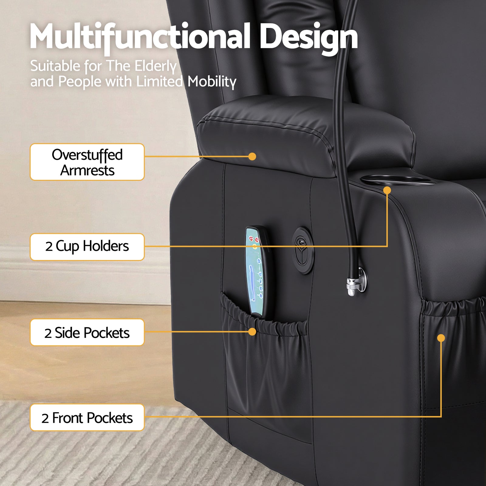 Artiss Power Lift Recliner Chair with Massage and Heat for Elderly, Electric Sofa Reclining Chair with USB and Phone Holder, PU Leather Comfy Armchair for Living Room, 2 Cup Holder & 4 Pockets, Black