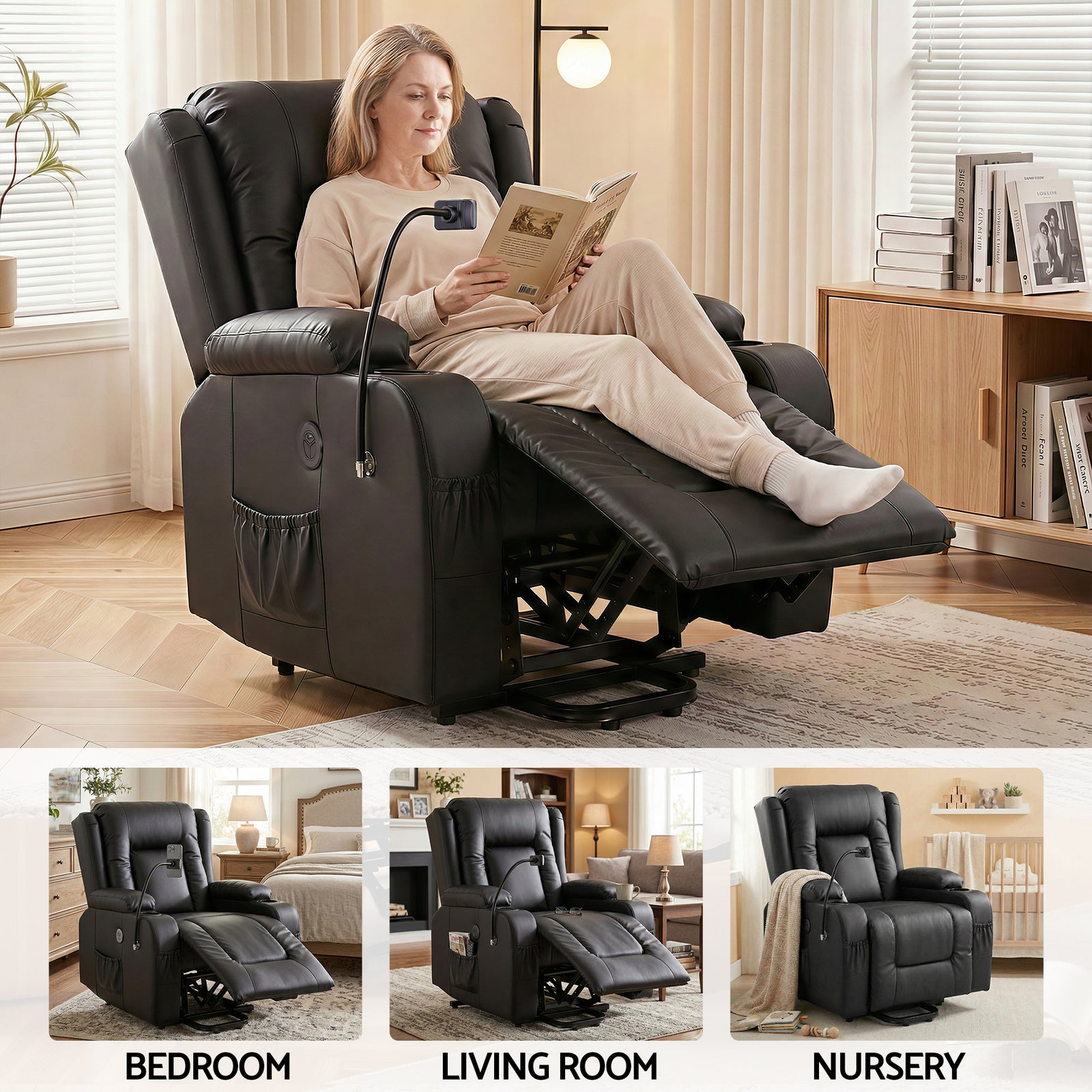 Artiss Power Lift Recliner Chair with Massage and Heat for Elderly, Electric Sofa Reclining Chair with USB and Phone Holder, PU Leather Comfy Armchair for Living Room, 2 Cup Holder & 4 Pockets, Black