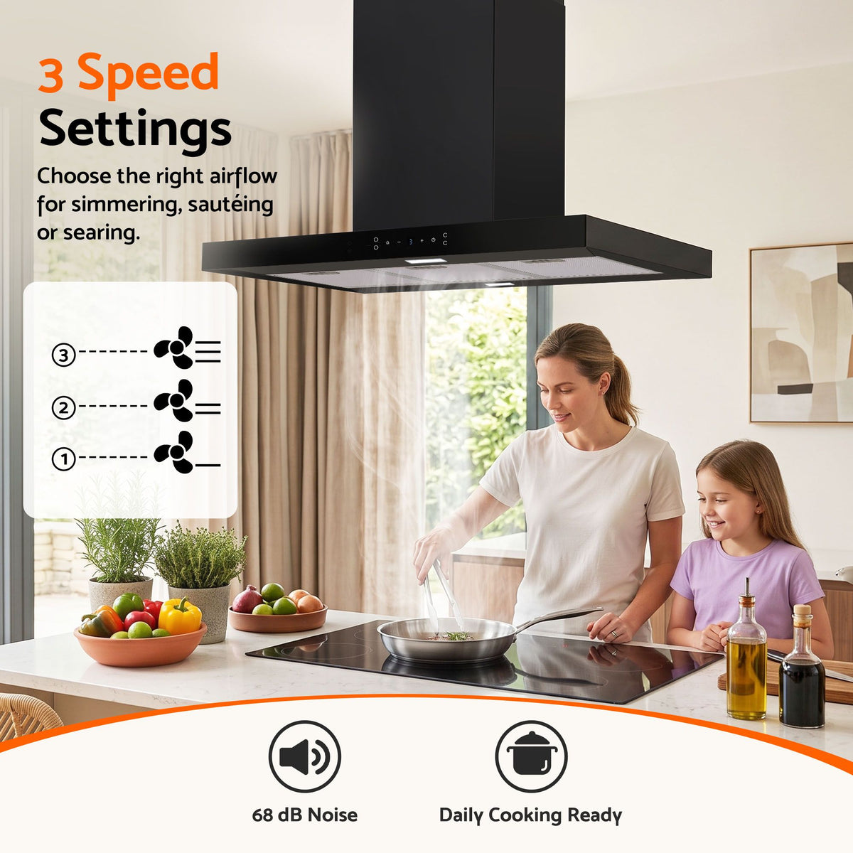 Devanti 90cm Island Rangehood Ceiling-Mounted 3-Speed Touch Control LED Black