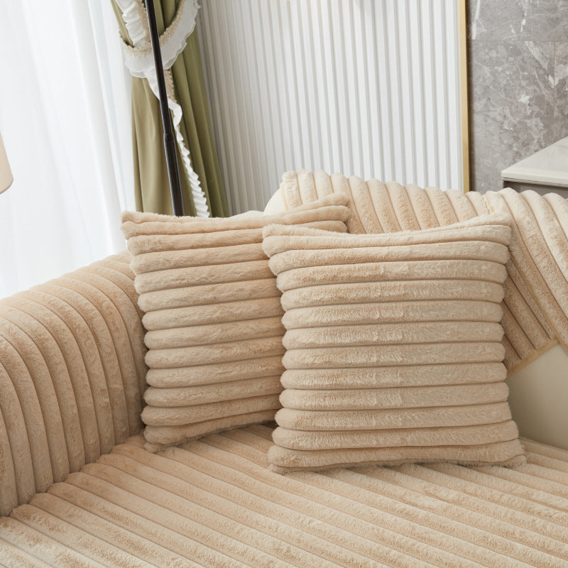 Anyhouz Sofa Towel Super Soft Linear Camel Rabbit Plush Quilted Couch Cover L-shaped Sectional Anti-slip Sofa Cover