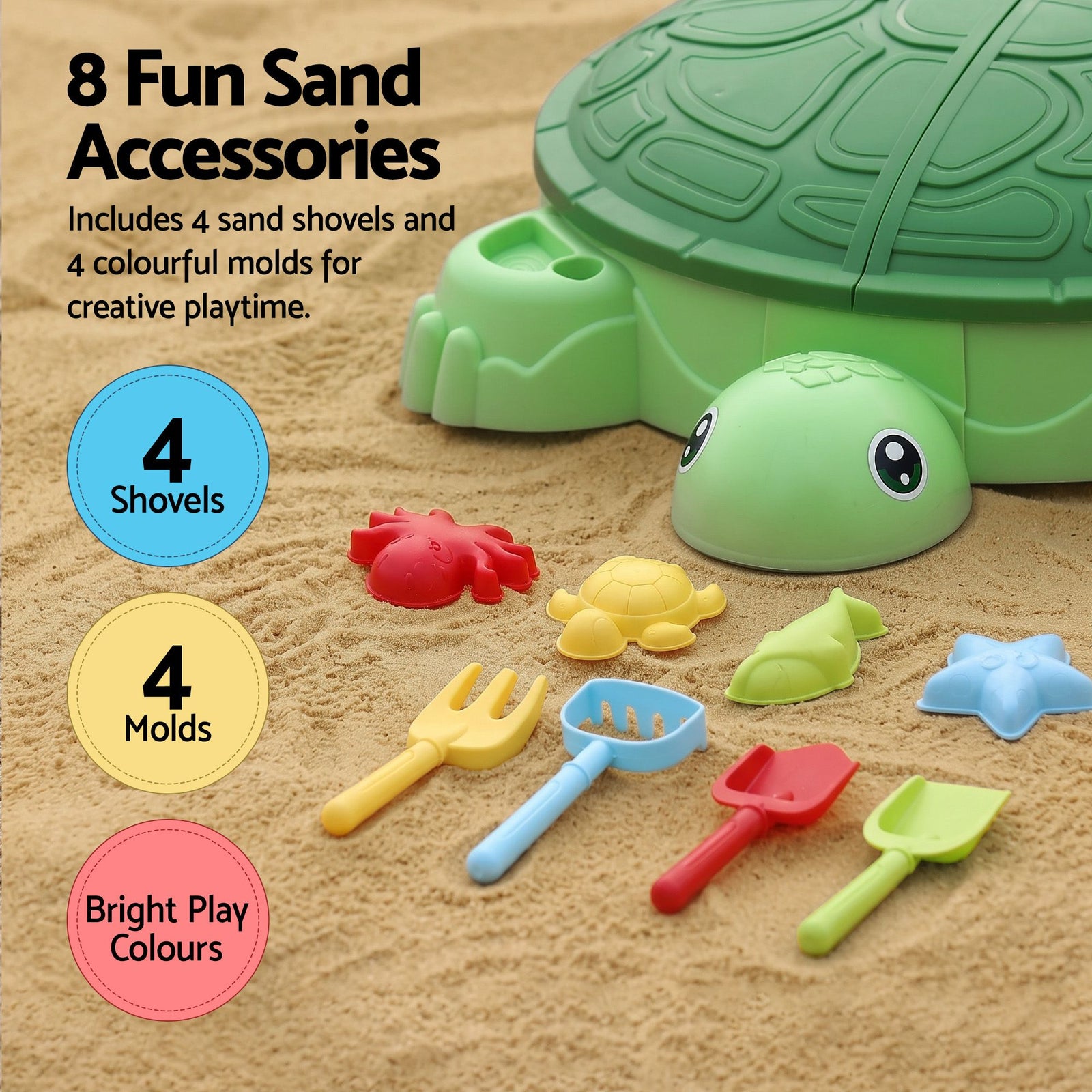Keezi Kids Sandpit Turtle Sandbox Toys with Umbrella Lid Green 8 Accessories 3+