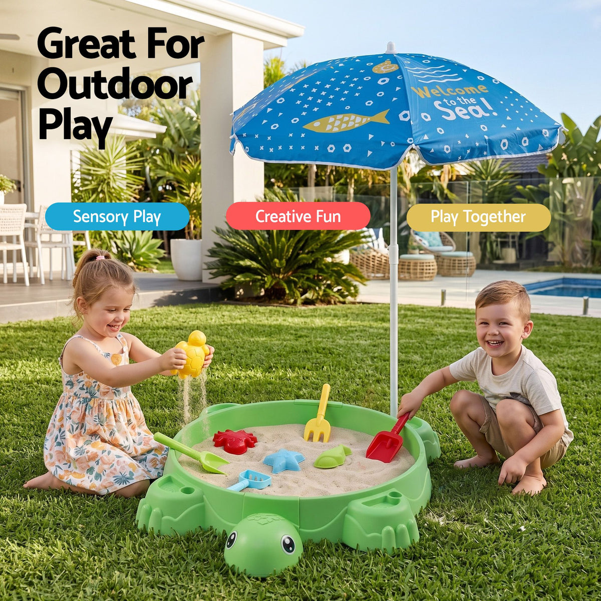 Keezi Kids Sandpit Turtle Sandbox Toys with Umbrella Lid Green 8 Accessories 3+