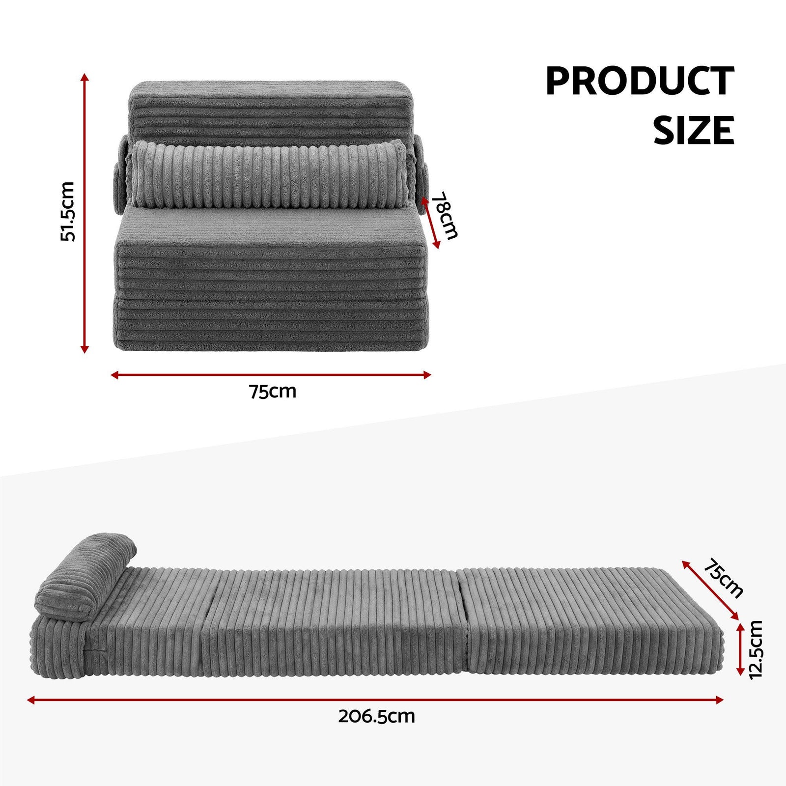 Artiss 3-in-1 Folding Sofa Bed Armless Lounger Chair with Side Pocket and Pillow