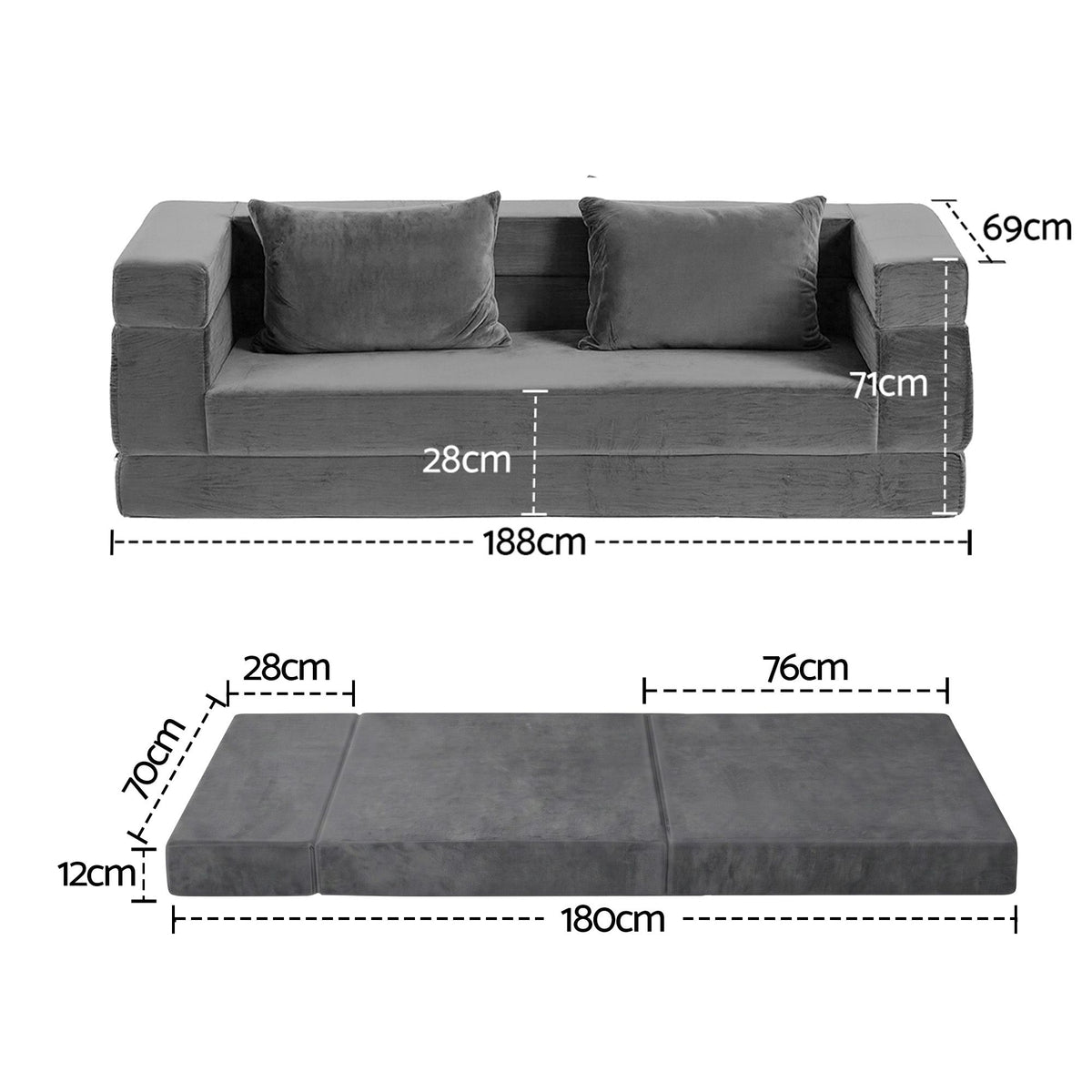 Artiss 3-in-1 Convertible Sofa Bed with Folding Mattress Velvet Foam Chair 300KG