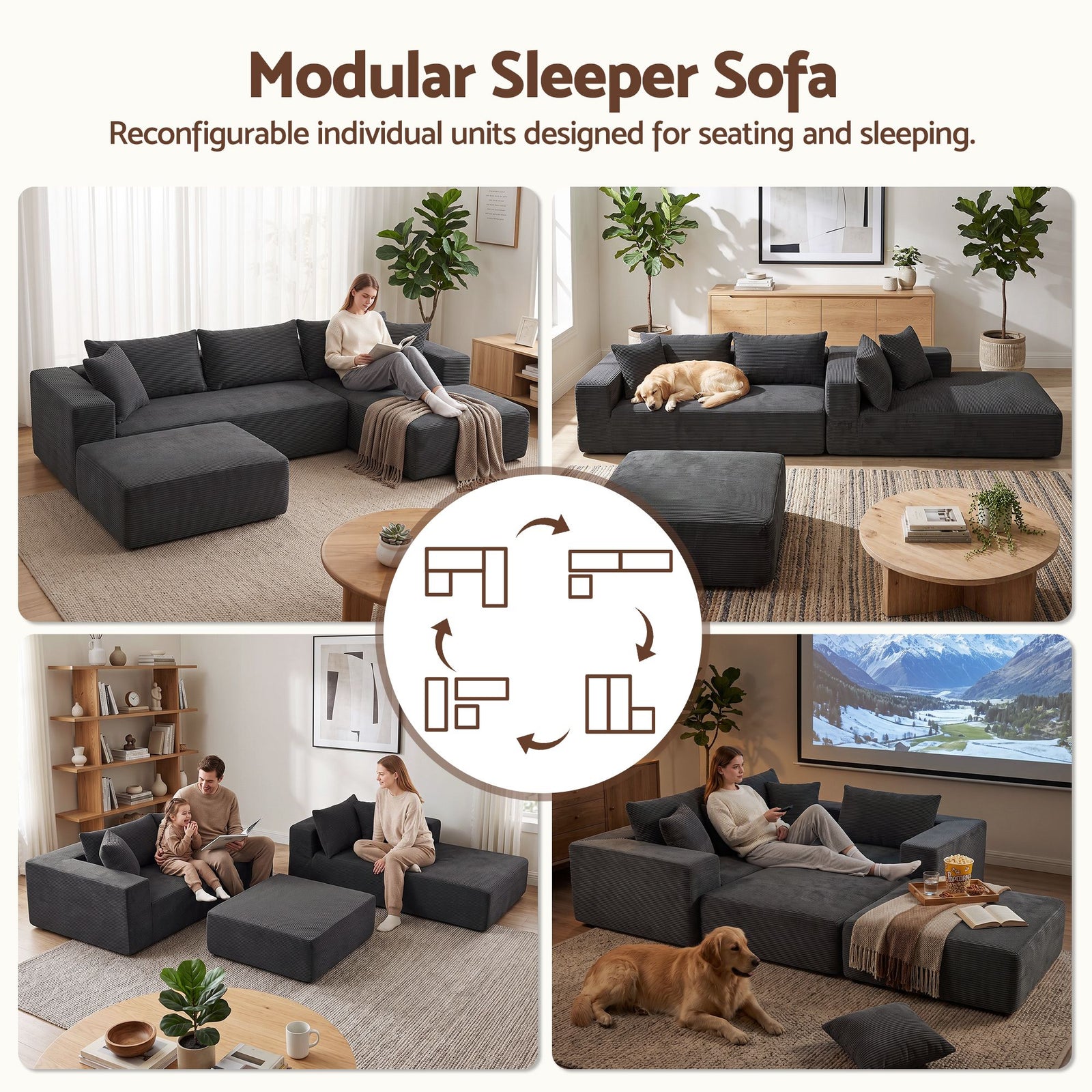 Artiss Modular Sectional Sofa Bed U-Shape 4-Seater Couch Chaise Ottoman Corduroy