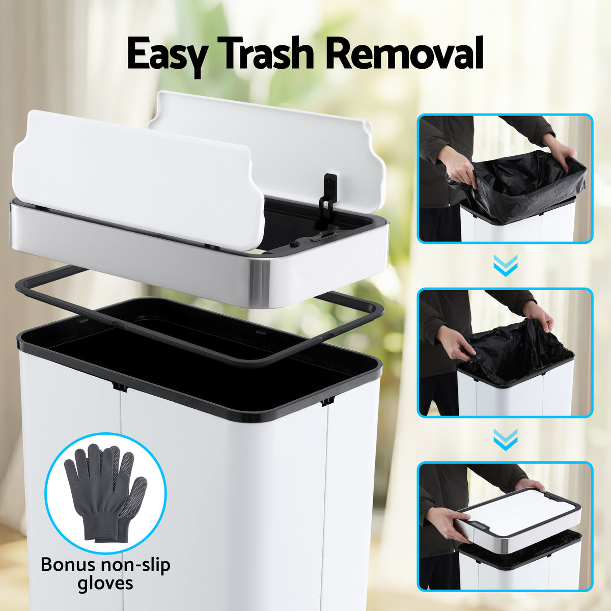 Devanti Rubbish Bin 70L Automatic Sensor Kitchen Bin, Slim Smart Garbage Can Touchless Rectangular with Liner Holder, Fully Closed Lid for Bedroom, Bathroom, Living Room, White