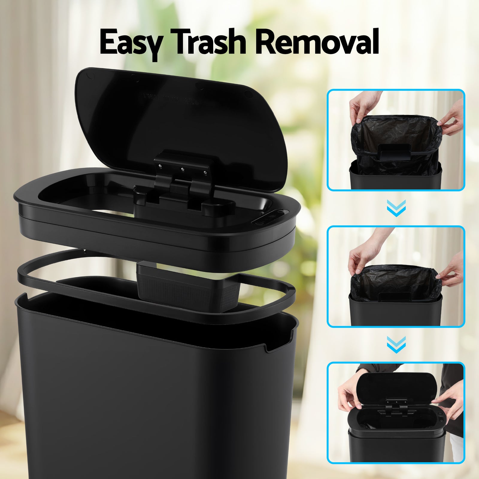 Devanti Automatic Trash Bin with Lid 25L Motion Sensor Kitchen Bin Touchless Garbage Can Plastic Slim Rubbish Bin with Liner Holder for Kitchen, Home, Office, Black