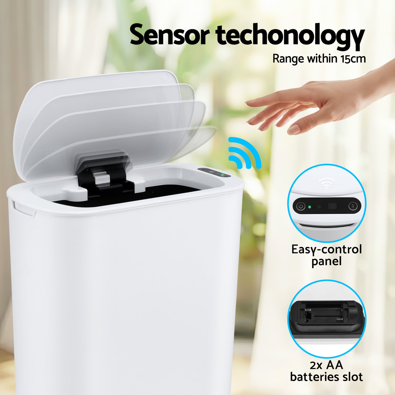 Devanti Automatic Trash Bin with Lid 25L Motion Sensor Kitchen Bin Touchless Garbage Can Plastic Slim Rubbish Bin with Liner Holder for Kitchen, Home, Office, White