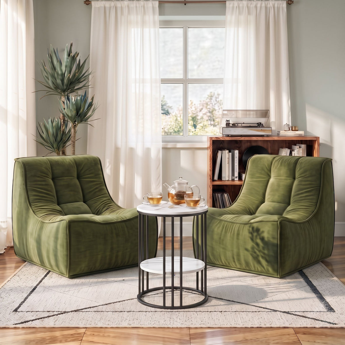 Artiss Sofa &amp; Coffee Table Set Armless Chenille No Assembly Green White &amp; Black