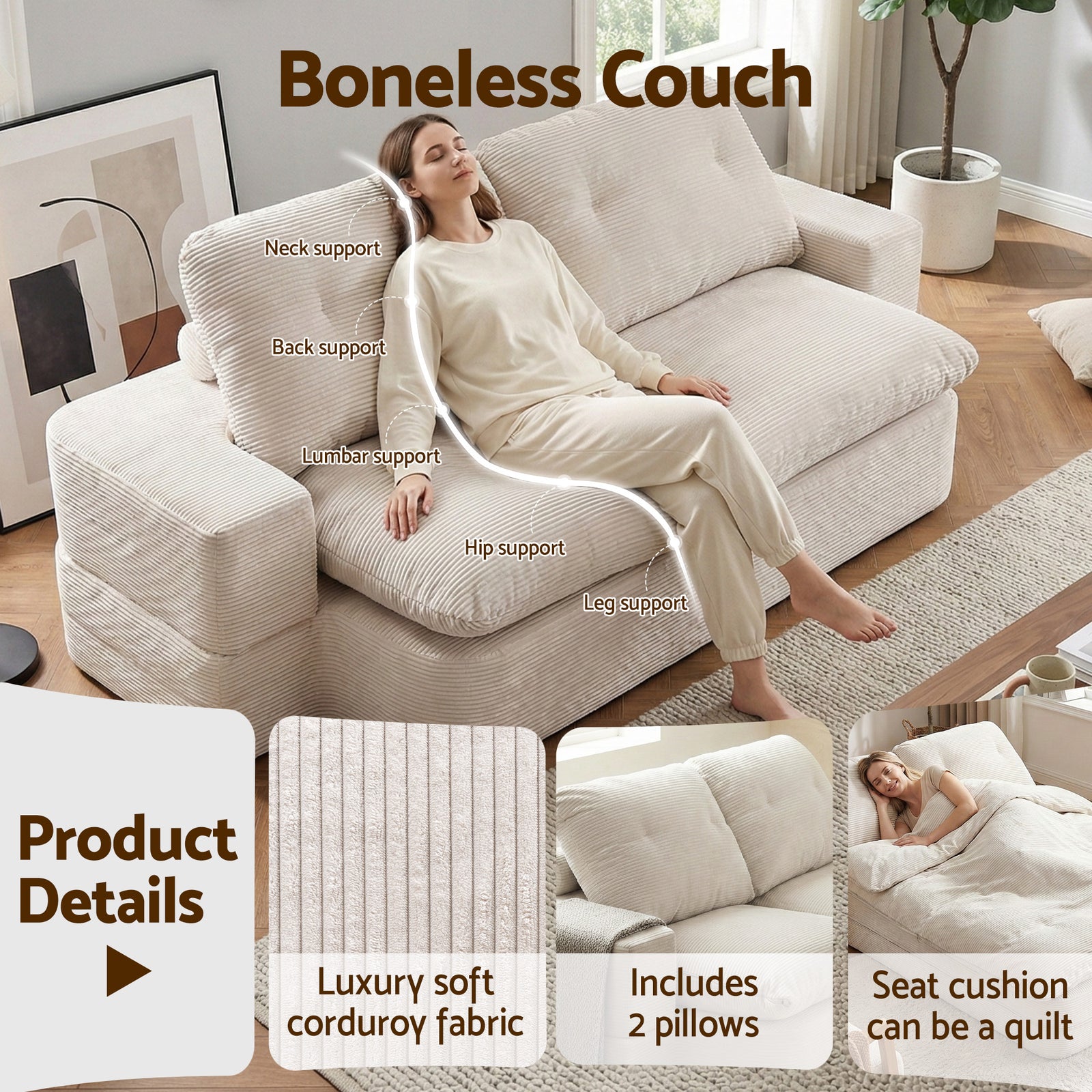 Artiss Convertible Folding Sofa Bed 30D High-Density Foam Boneless Couch with Corduroy Sleeper Couch Lounger for Living Room Beign