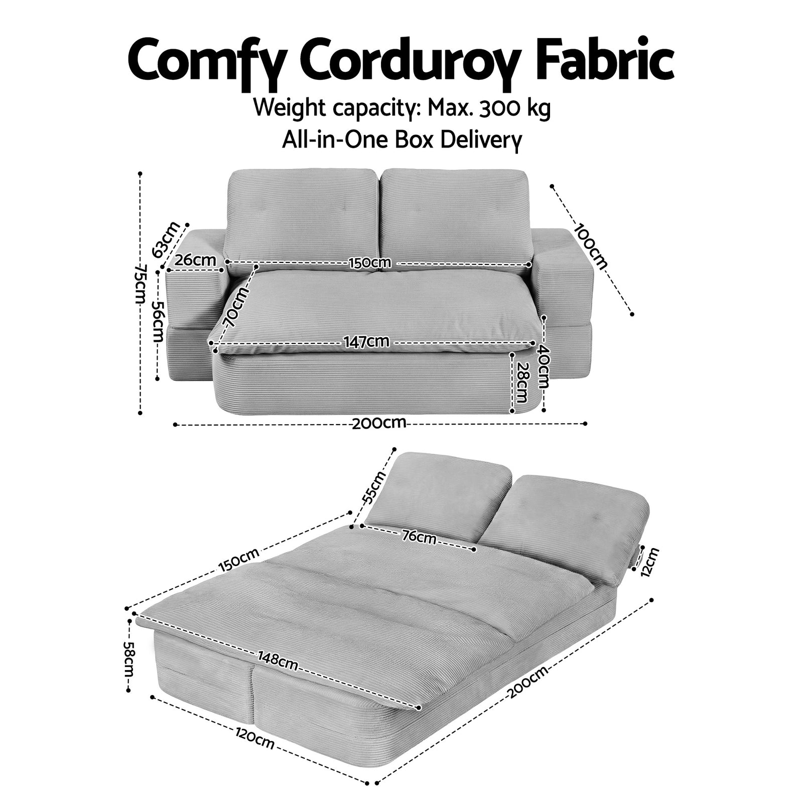 Artiss Convertible Folding Sofa Bed 30D High-Density Foam Boneless Couch with Corduroy Sleeper Couch Lounger for Living Room Grey
