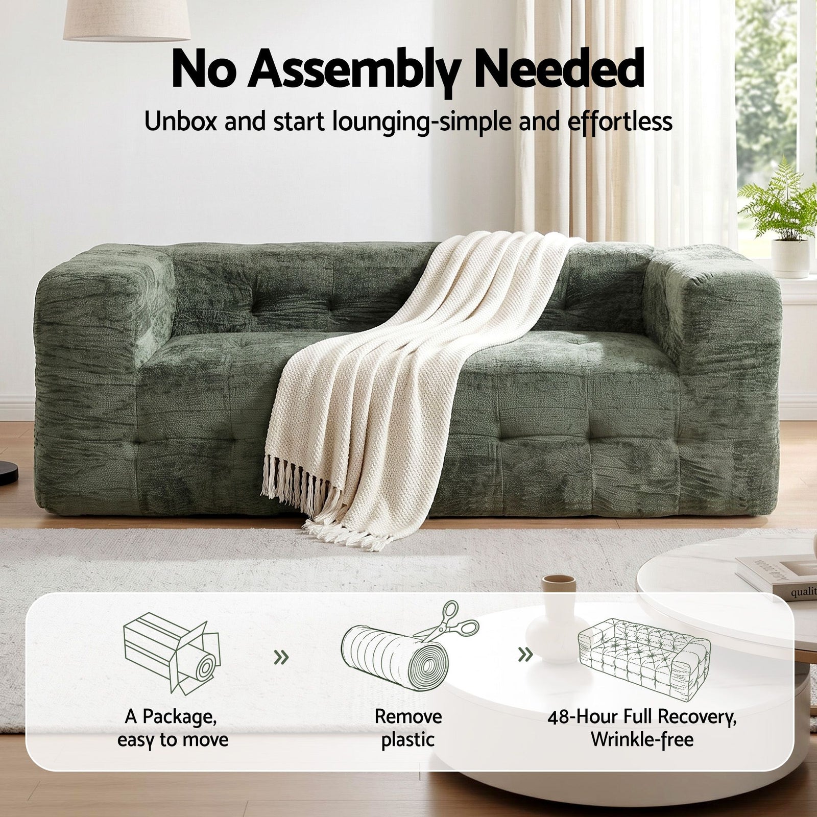 Artiss Comfort Boneless Sofa for Living Room Green Luxury Chenille